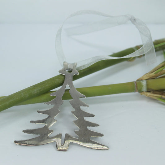 Holiday Christmas Ornament Silver Metal Cutout Tree Hand Made