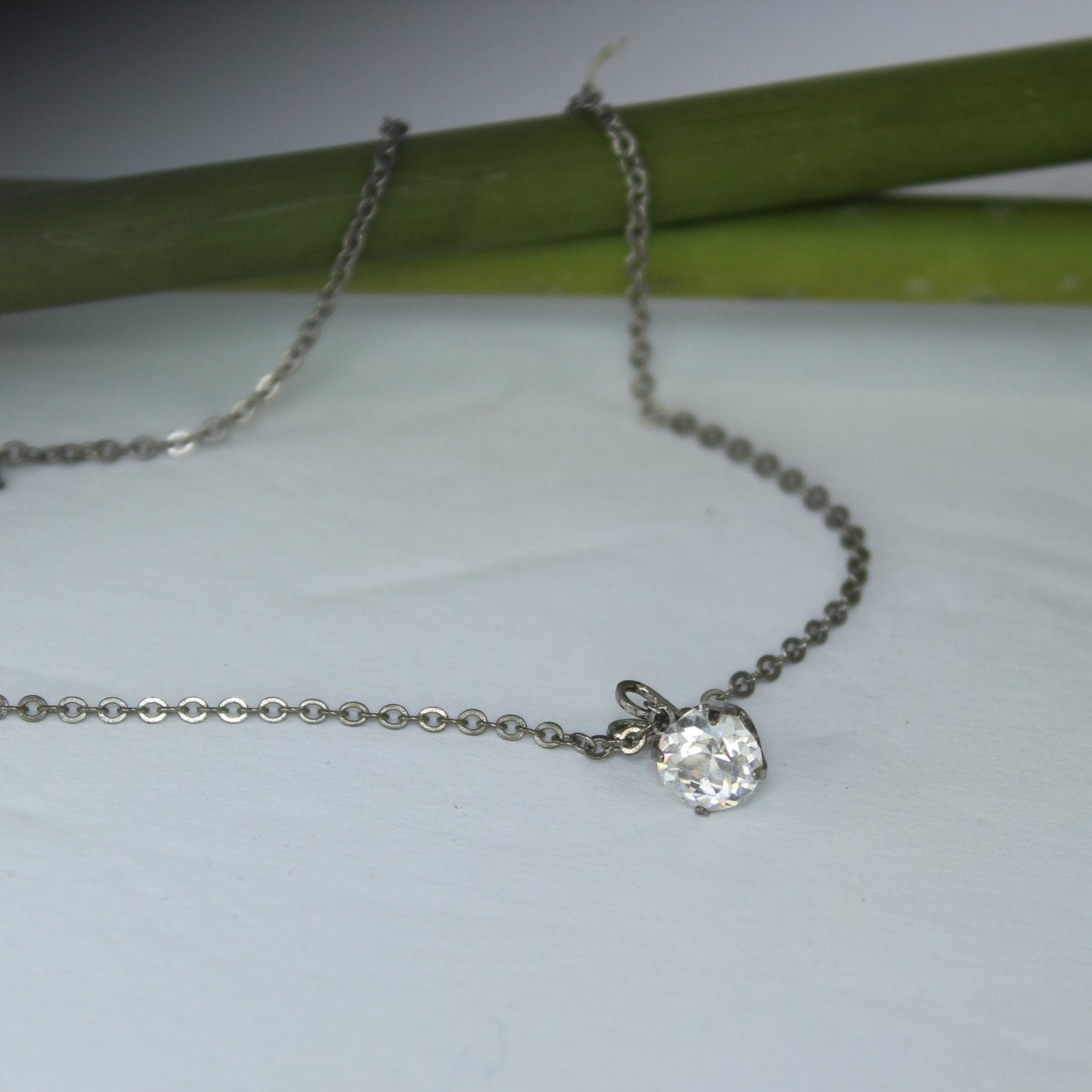 Round Single Crystal Necklace Silver Chain No Marks Estate