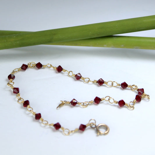 Ruby Red Crystal Bicones Bracelet 14K Gold Fill Chain