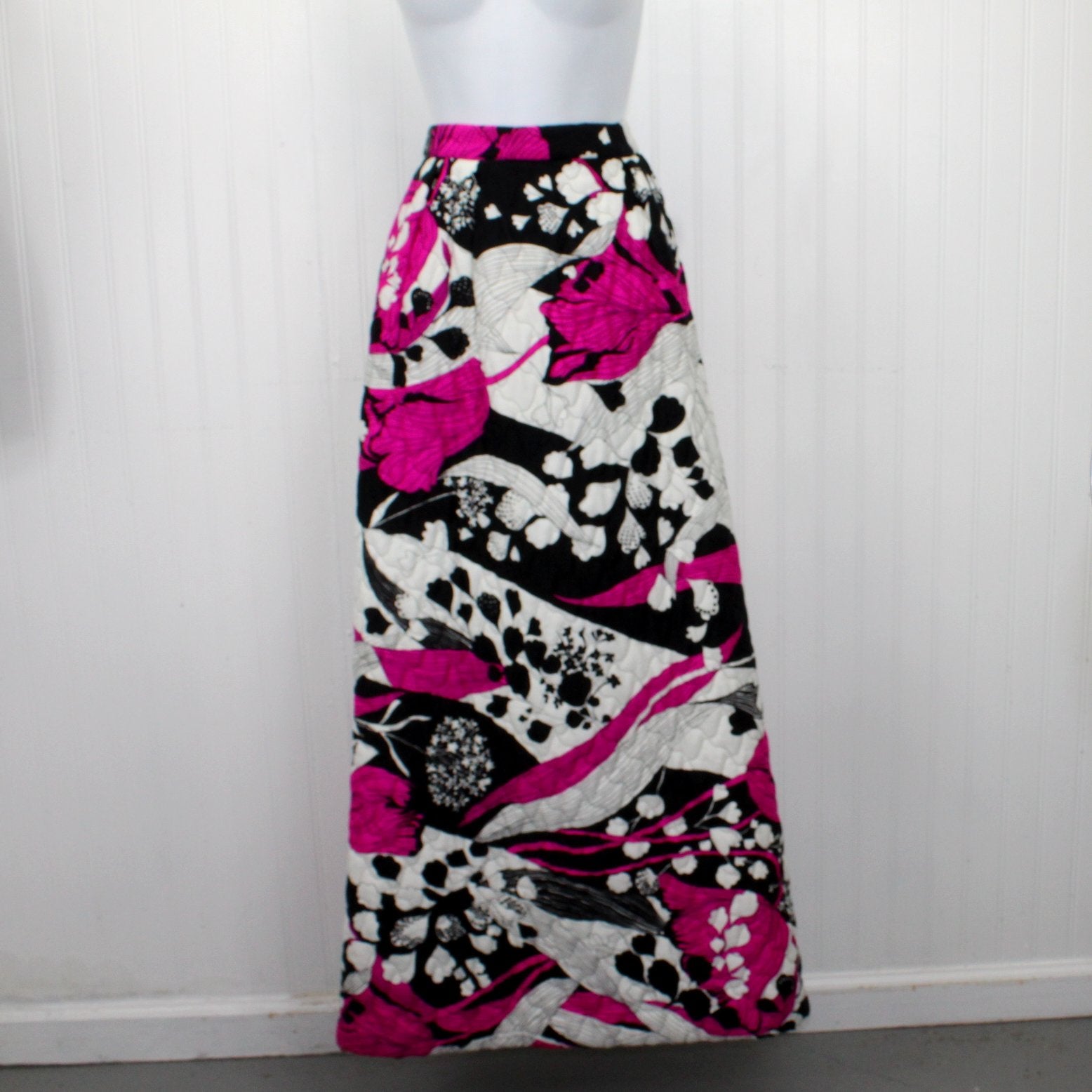 Alex Colman California Maxi Quilted Skirt Mod Print 1960s Black Whie Fuchsia