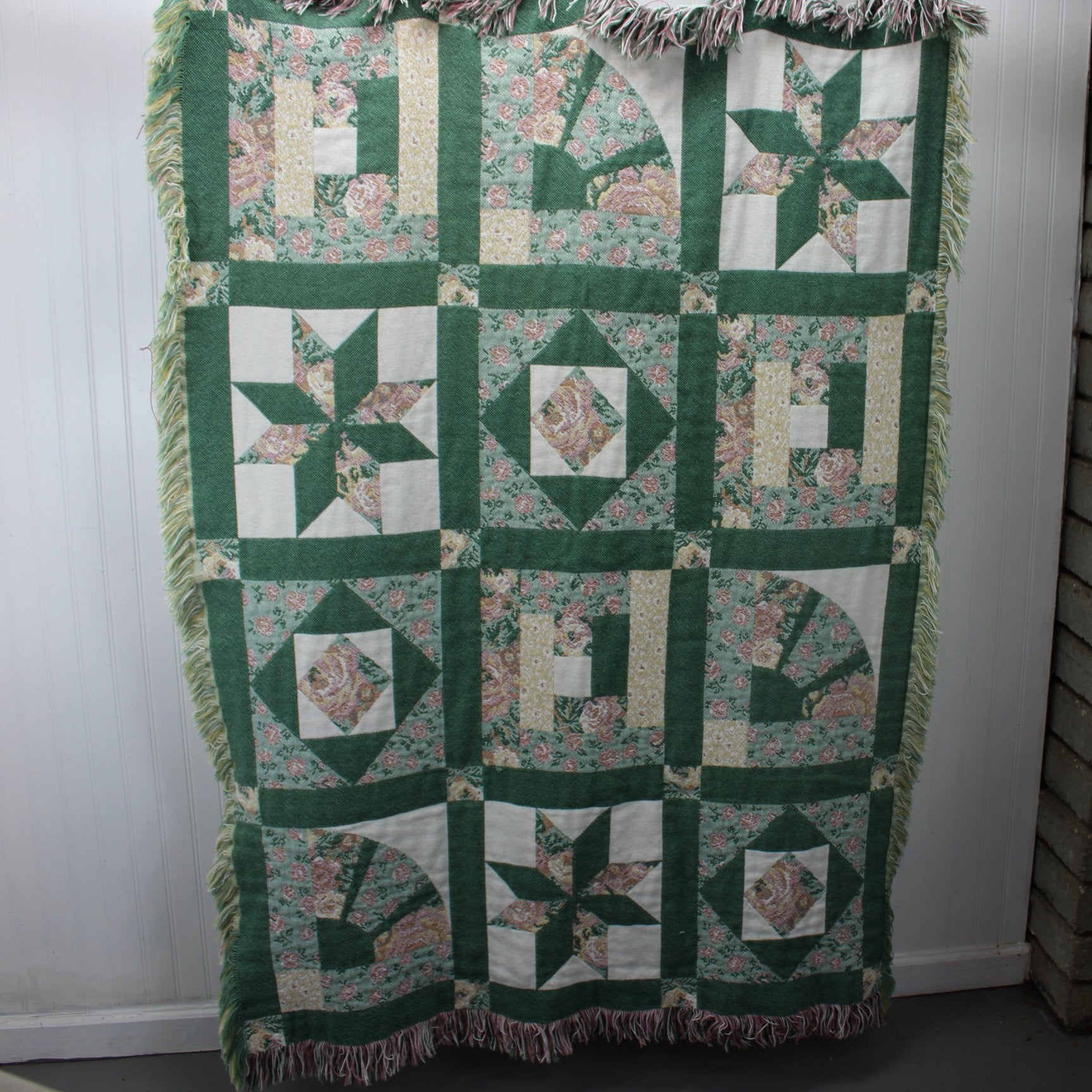 Double Woven Cotton Throw Faux Quilt Block Design Greens Pinks 