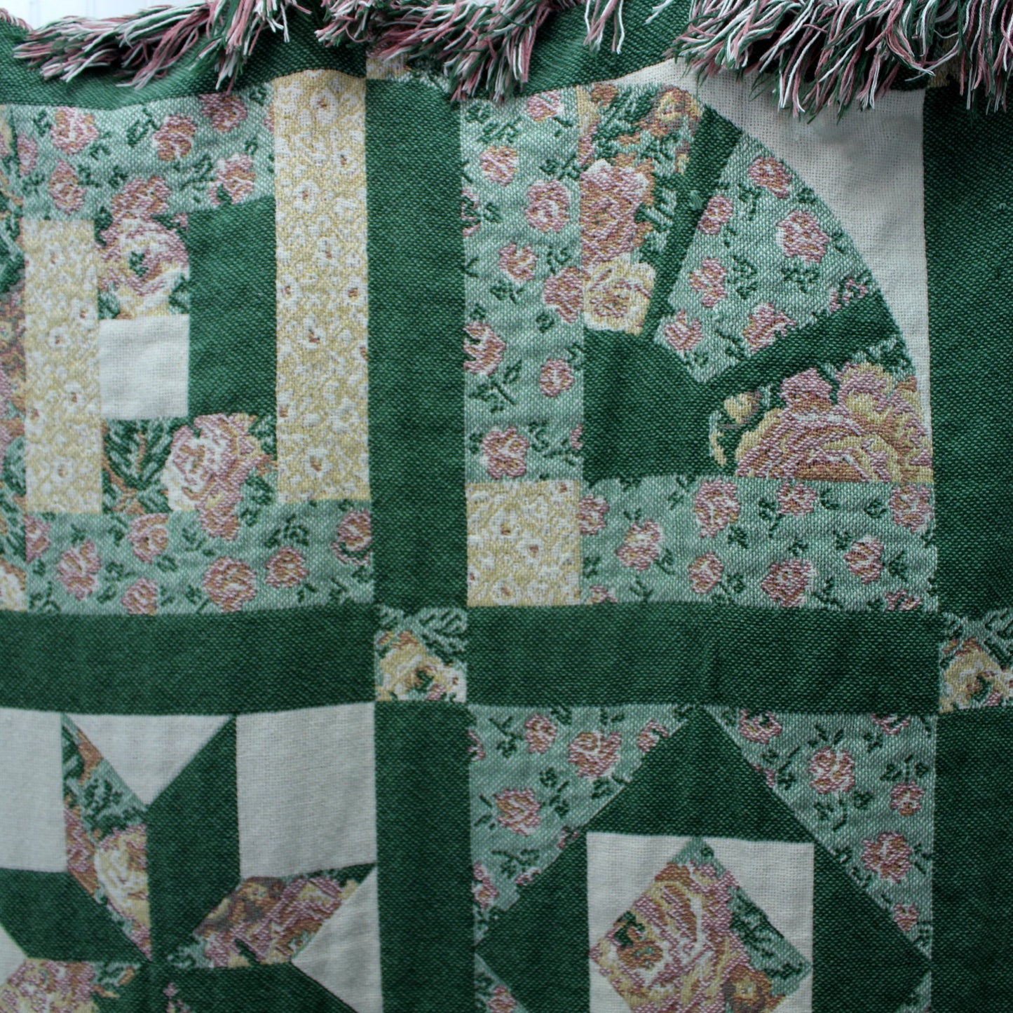 Double Woven Cotton Throw Faux Quilt Block Design Greens Pinks  closeup design logs fan patttern