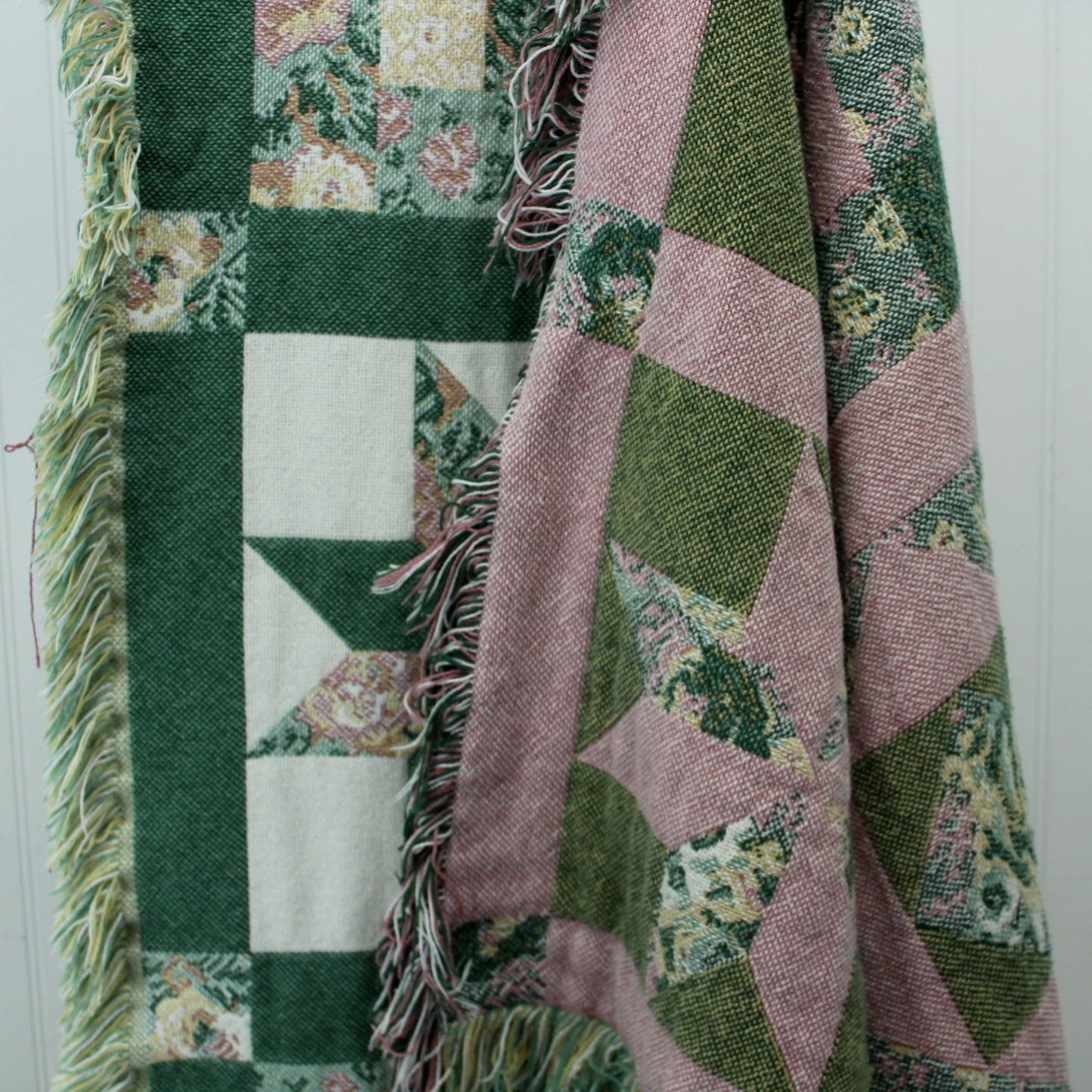 Double Woven Cotton Throw Faux Quilt Block Design Greens Pinks  reverse pink