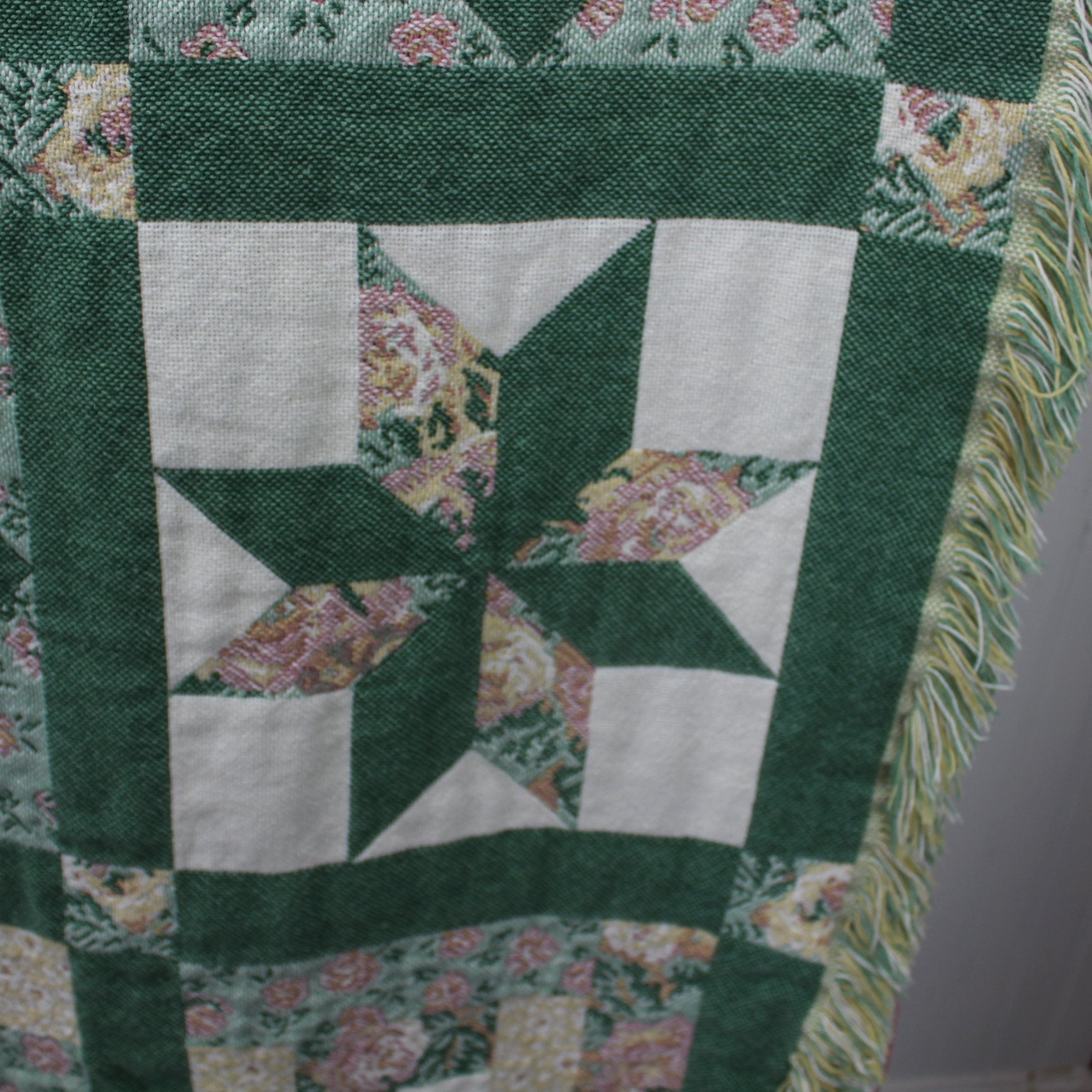 Double Woven Cotton Throw Faux Quilt Block Design Greens Pinks  closseup star and weave