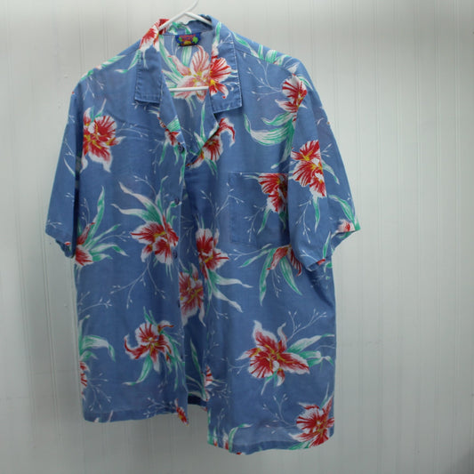 Vintage Hawaii Blues Shirt Old Colorful Woven Label Blue Orchid Print Chest 48"