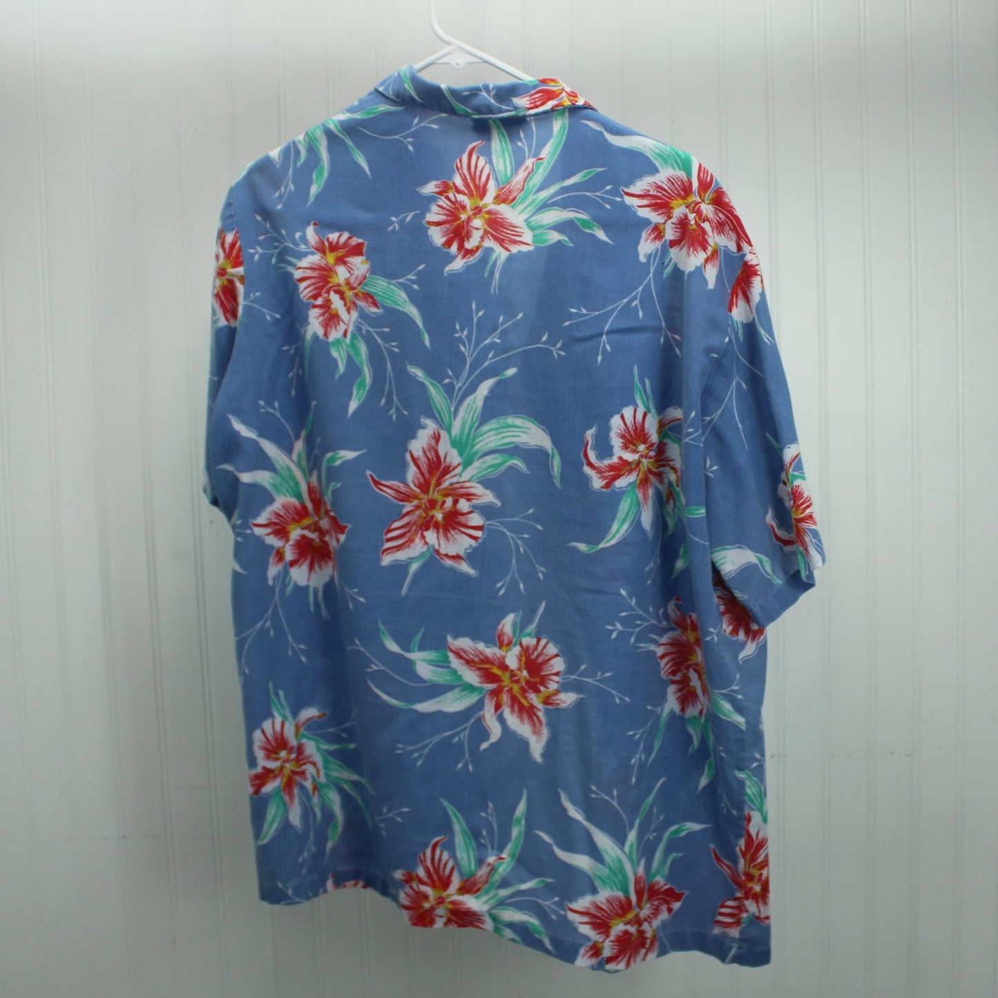 Vintage Hawaii Blues Shirt Old Colorful Woven Label Blue Orchid Print Chest 48" back shirt