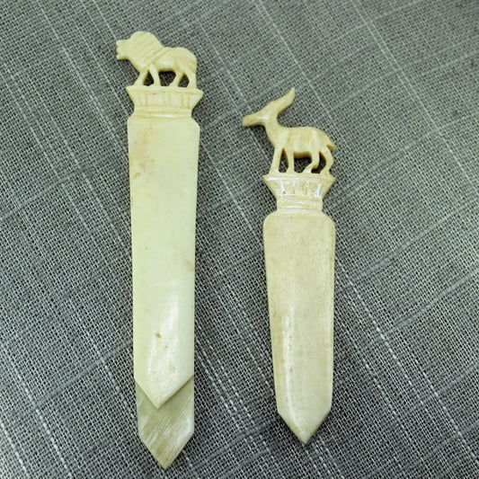 Pair Vintage Bone Bookmarks Letter Opener Lion Gazelle Carved