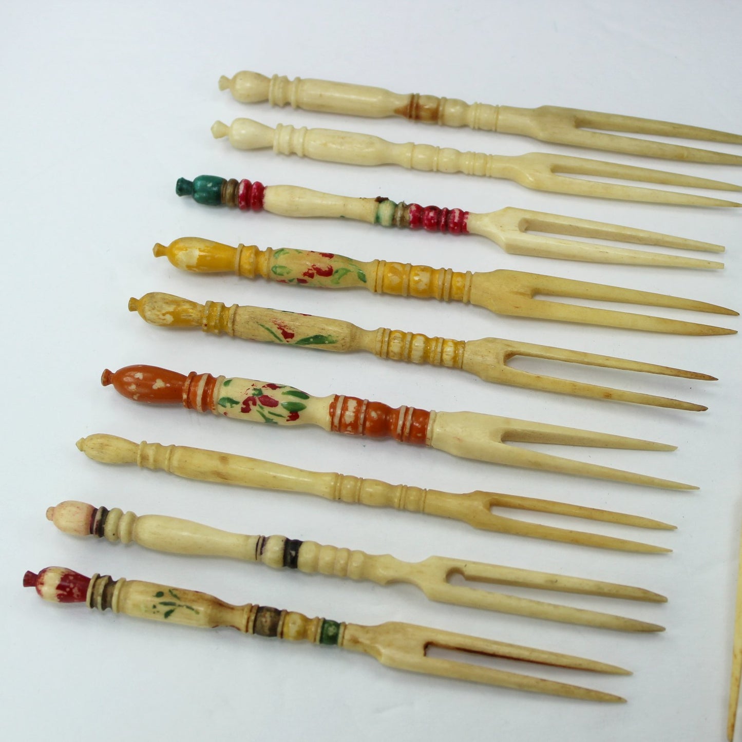 Collection Lucky 13 Vintage Bone Painted Cocktail Forks Barware Tiki Fun Serving closseup view