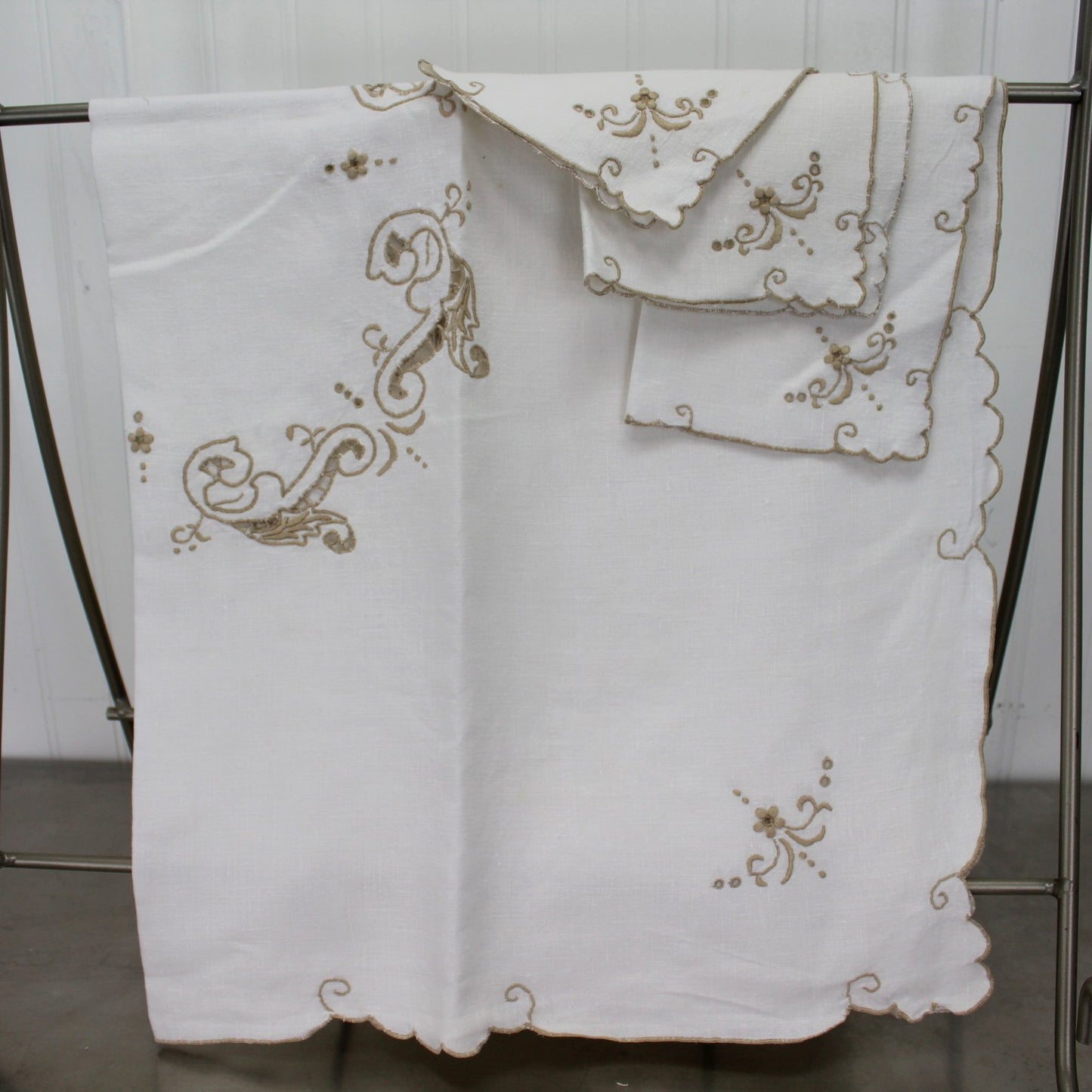 Vintage Small White Linen Table Cloth Open Work Embroidery 3 Napkins