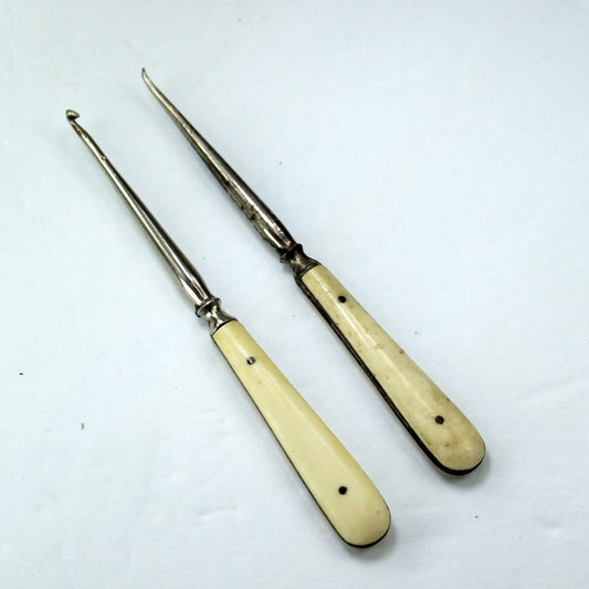 Primitive Pair Antique Bone Handle Metal Crochet Hooks Lace Tools