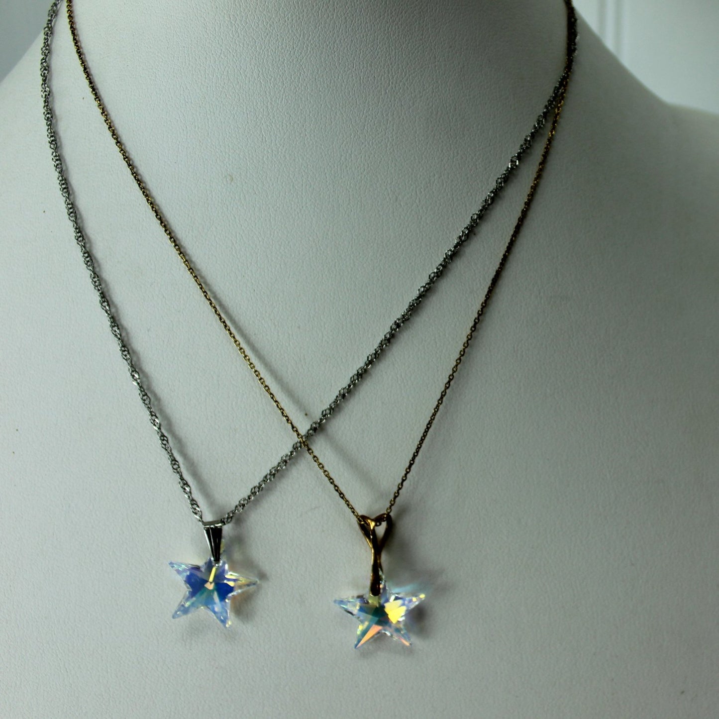 Pair 2 Crystal Star Hologram Necklaces Silver Gold Chains