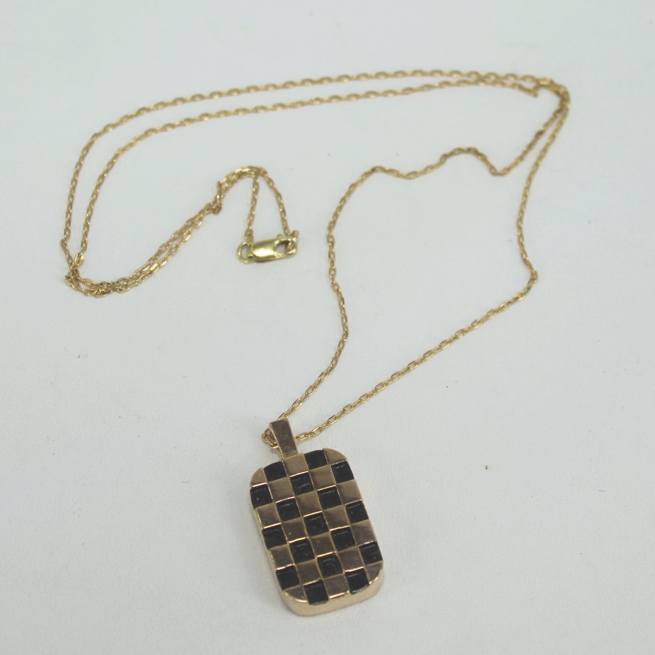 Meghan Lorenz Checkerboard Necklace Bronze Black GF Chain flat view