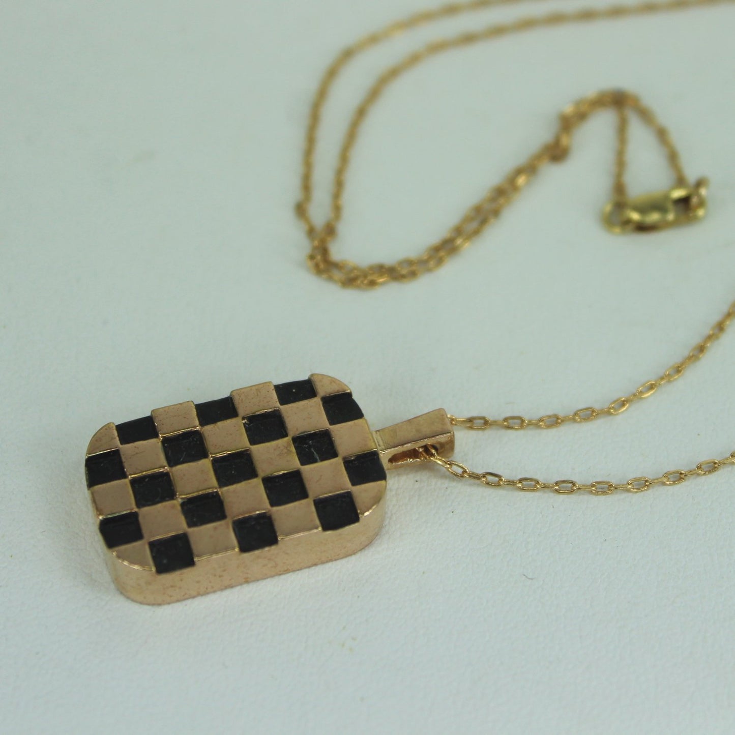 Meghan Lorenz Checkerboard Necklace Bronze Black GF Chain side view