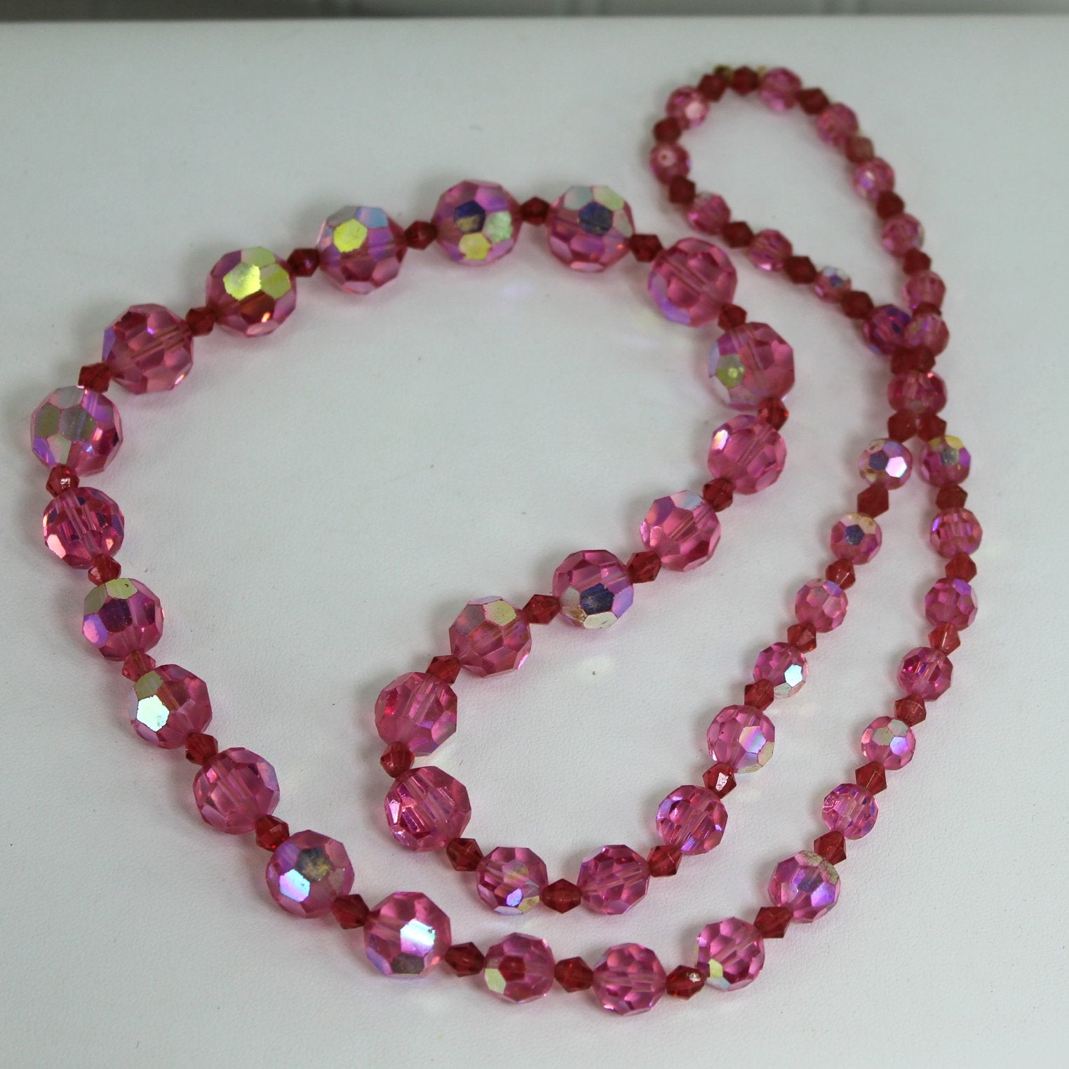 Vintage Deep Pink Aurora Borealis Crystal Beads Heavy  closeup view all