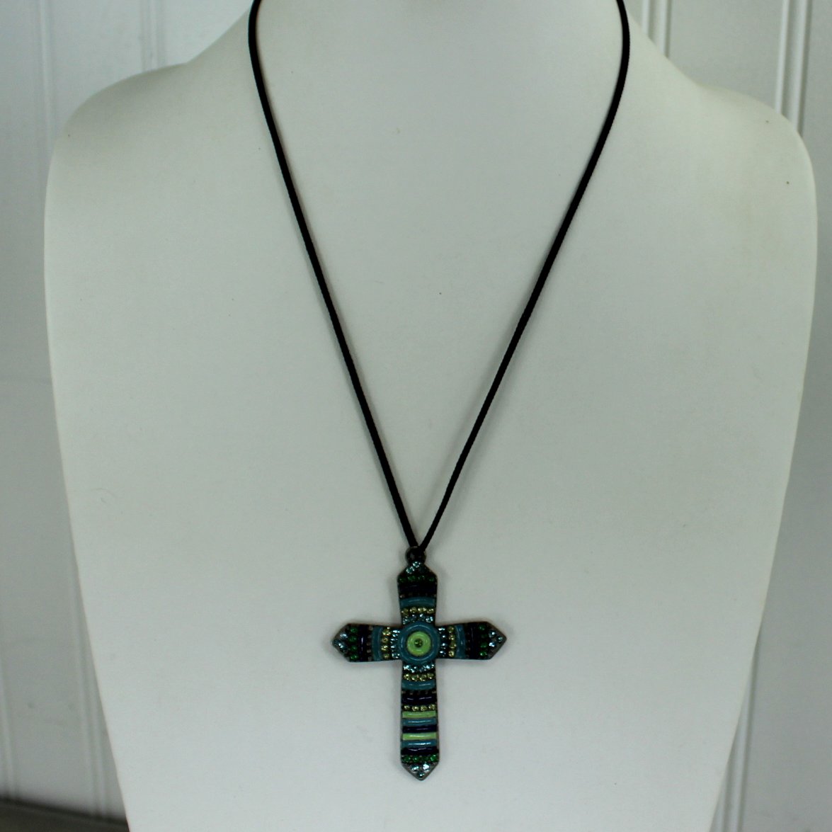 Highly Decorated Rhinestone Crystal Cross Metal Enamel Blue Green Turquoise