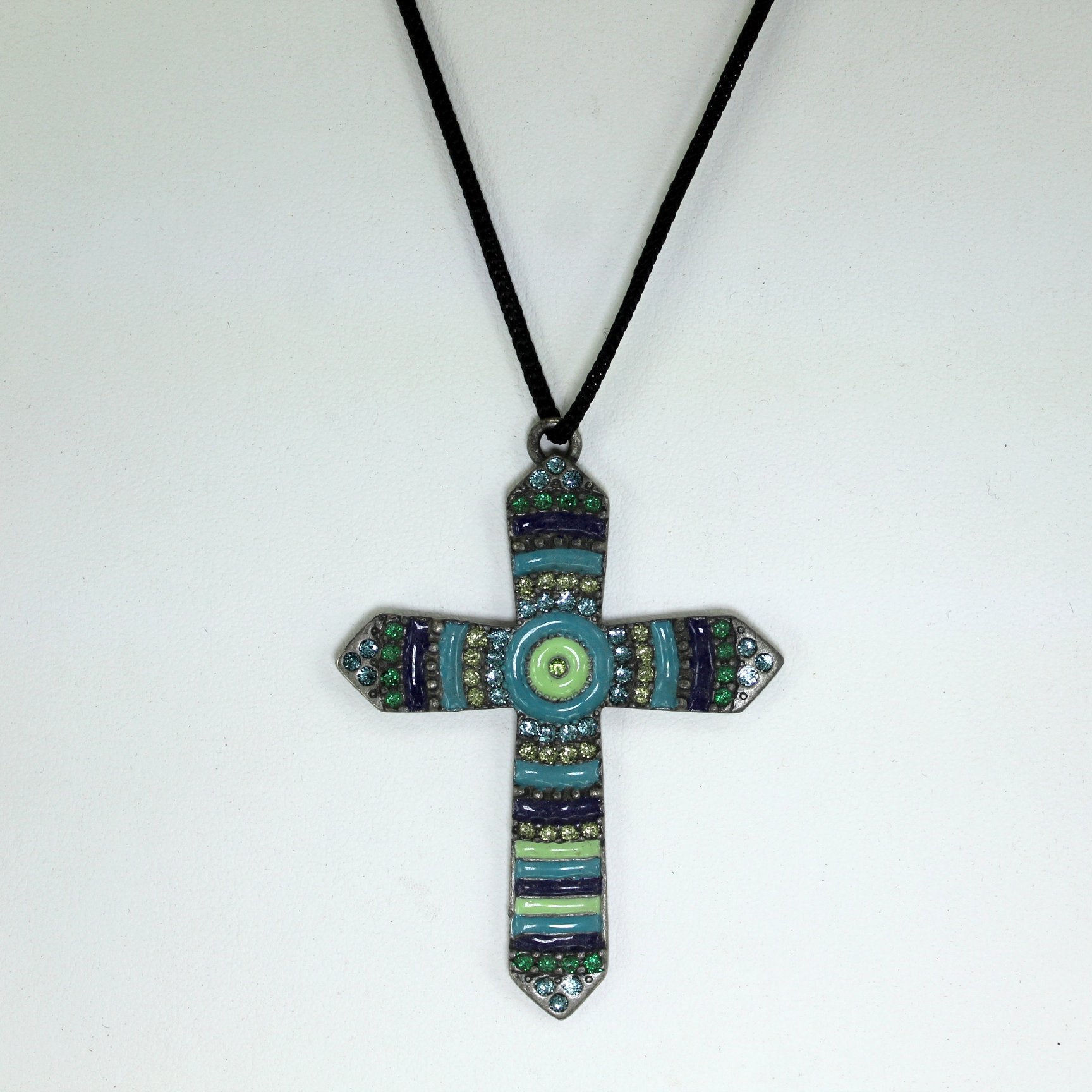 Highly Decorated Rhinestone Crystal Cross Metal Enamel Blue Green Turquoise closeup view