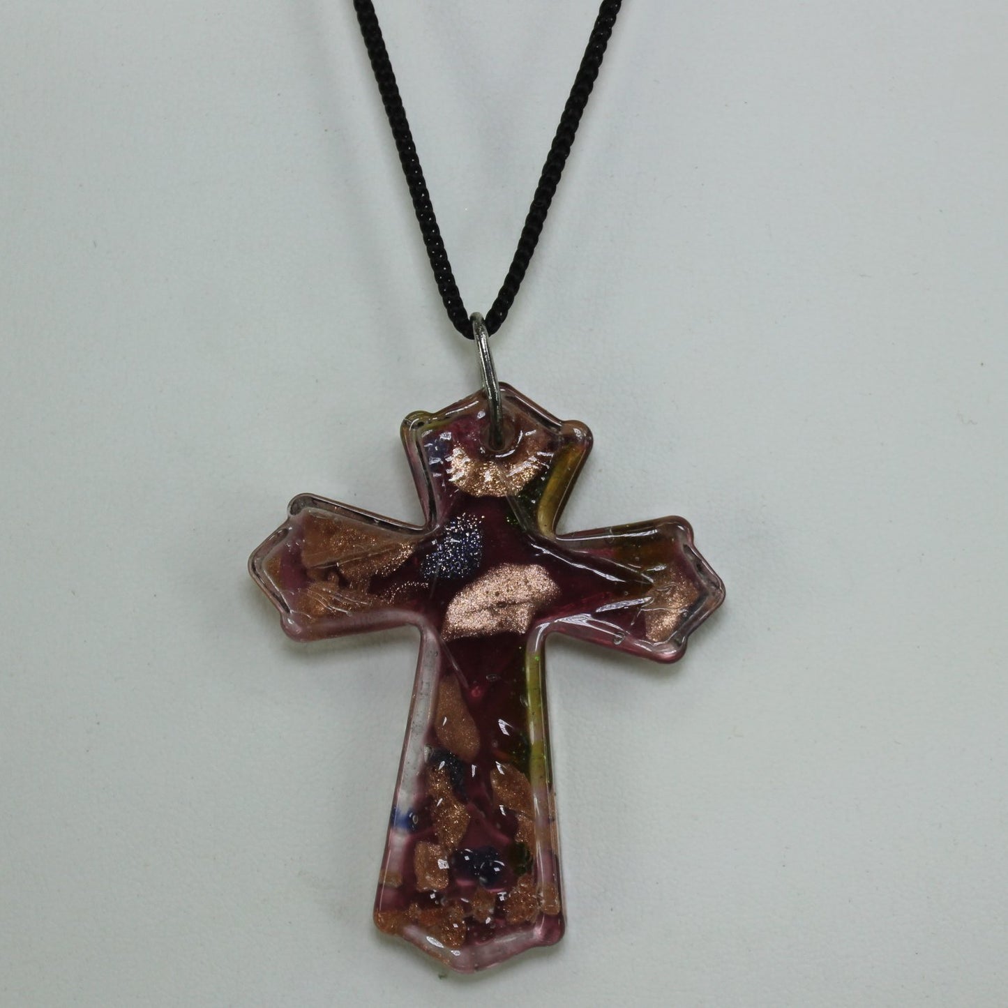 Poured Glass Cross Pendant Necklace Purple Copper Black Cord 