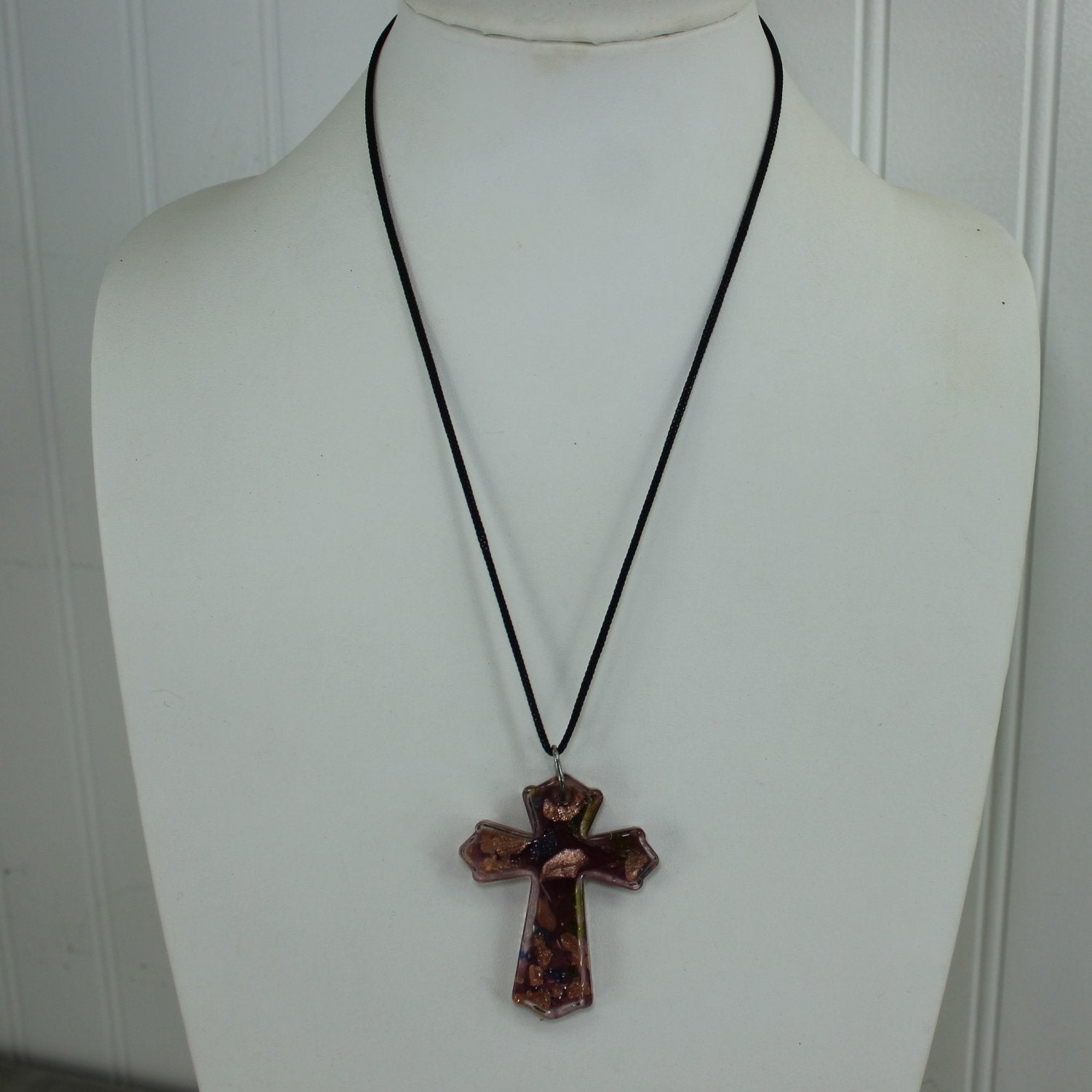 Poured Glass Cross Pendant Necklace Purple Copper Black Cord  neck view