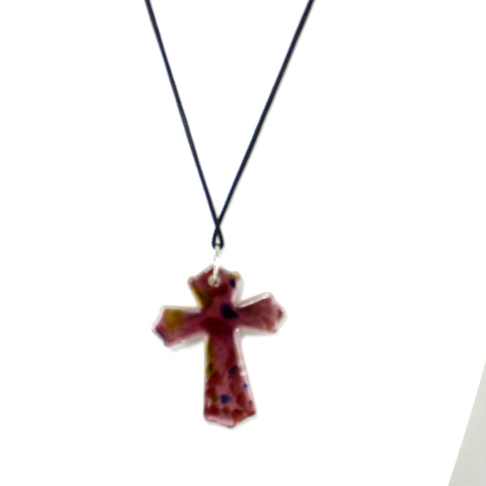 Poured Glass Cross Pendant Necklace Purple Copper Black Cord  reverse view