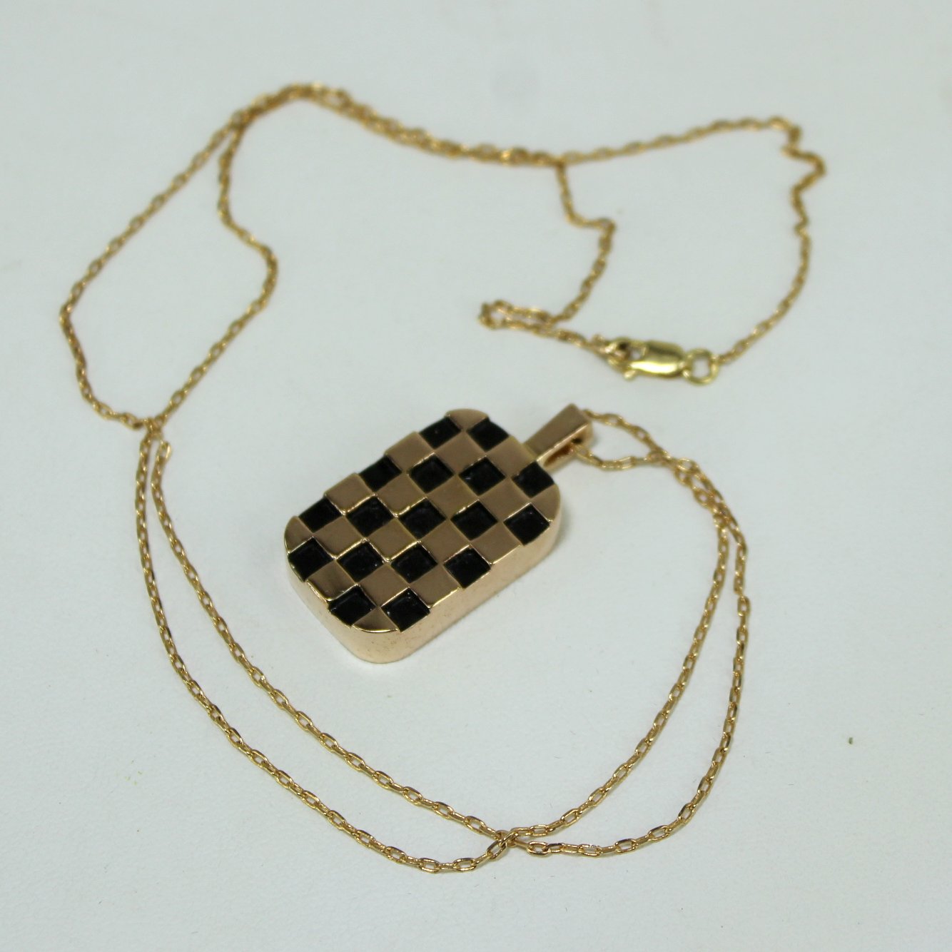 Meghan Lorenz Checkerboard Necklace Bronze Black GF Chain addl view showing dimension