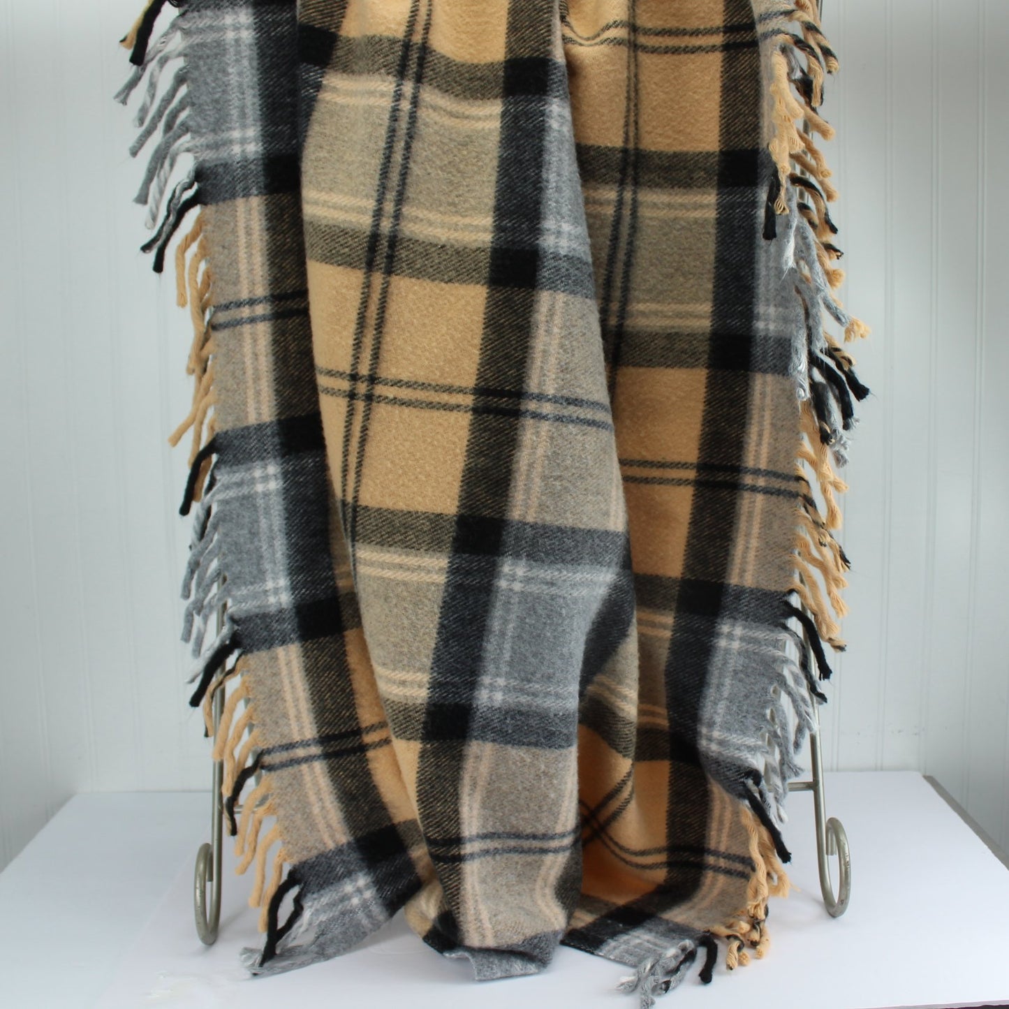 Faribo Acrylic Throw  Caramel Grey Black White Plaid - 53" X 40" +3" Fringe