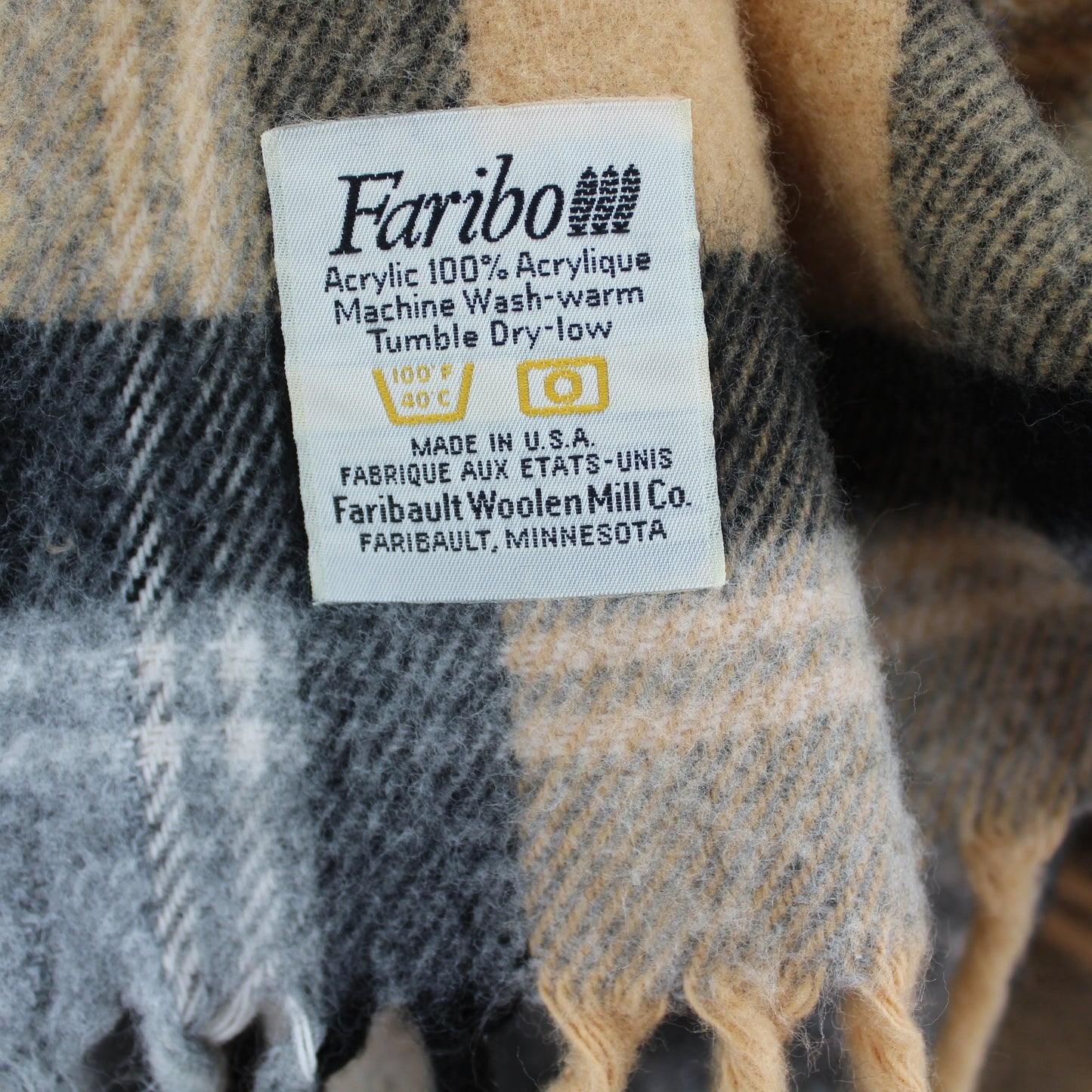 Faribo Acrylic Throw  Caramel Grey Black White Plaid - 53" X 40" +3" Fringe orig ribbon tag