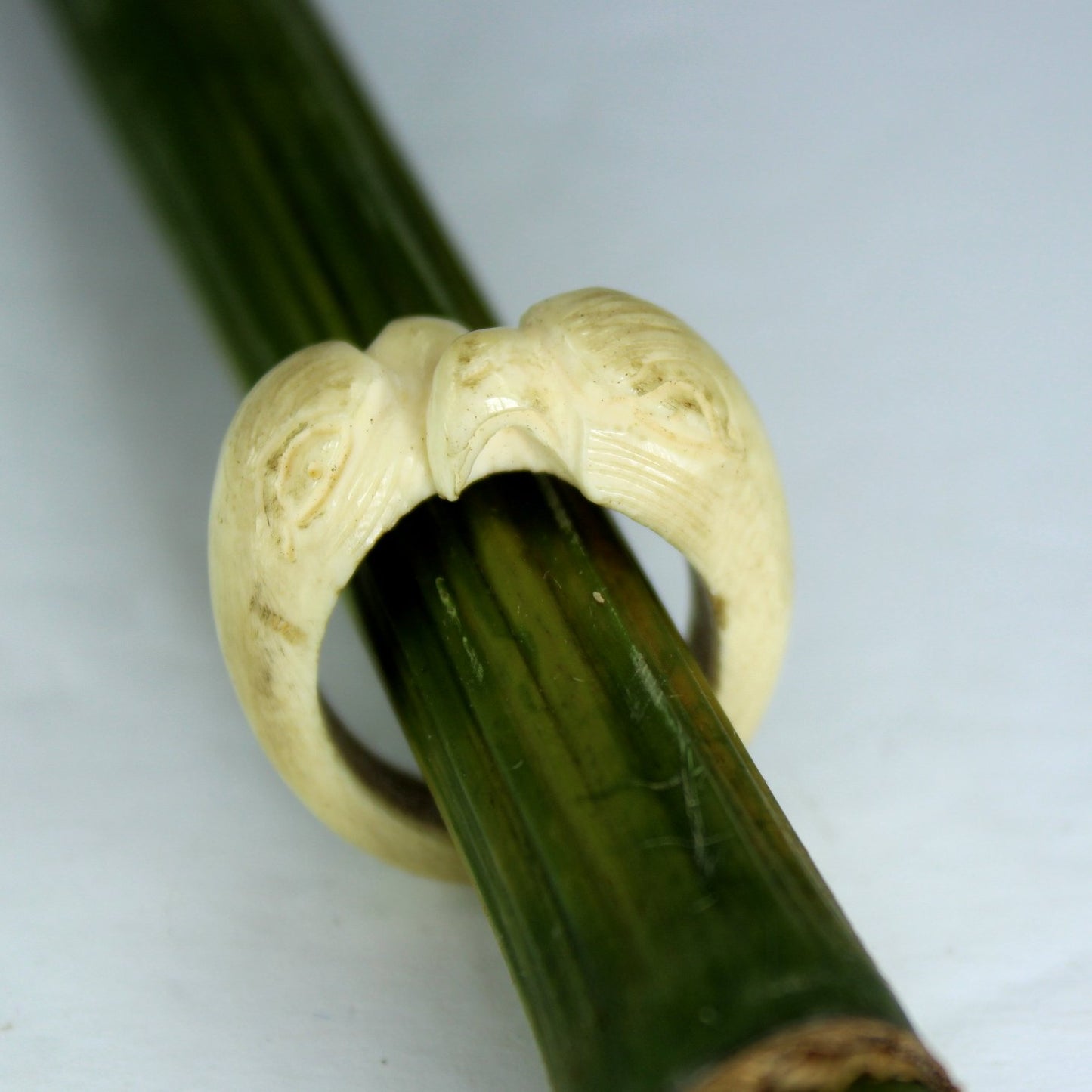 Unique Tribal Bone Ivory Ring Carved Dolphin Eagle Bird Vintage Estate closeup