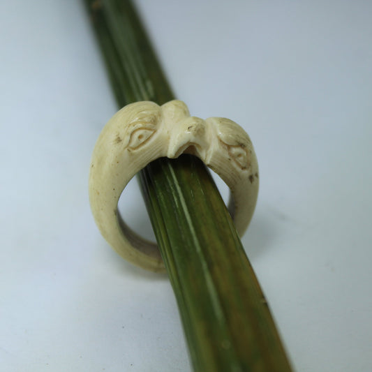 Unique Tribal Bone Ivory Ring Carved Dolphin Eagle Bird Vintage Estate