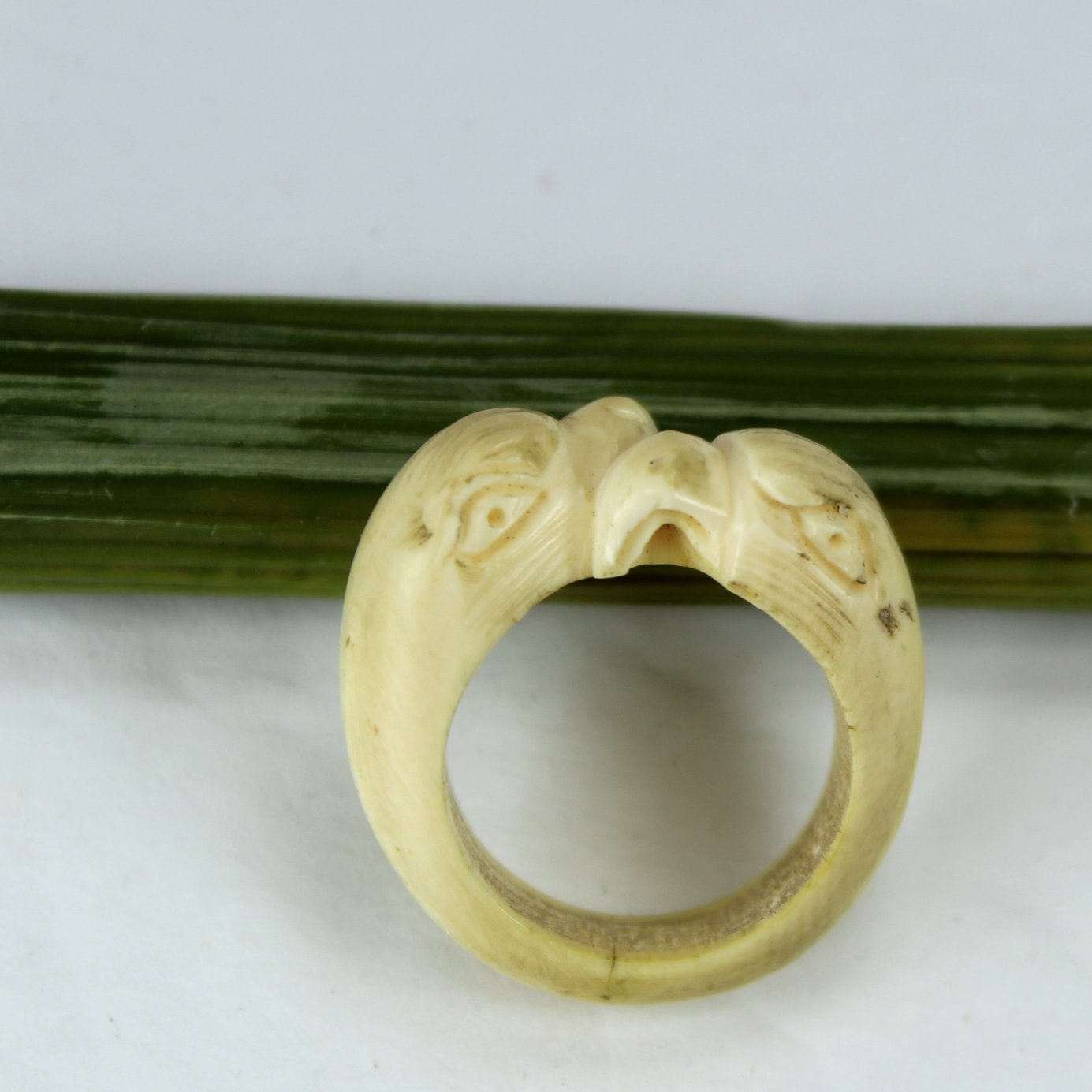 Unique Tribal Bone Ivory Ring Carved Dolphin Eagle Bird Vintage Estate closeup of carving