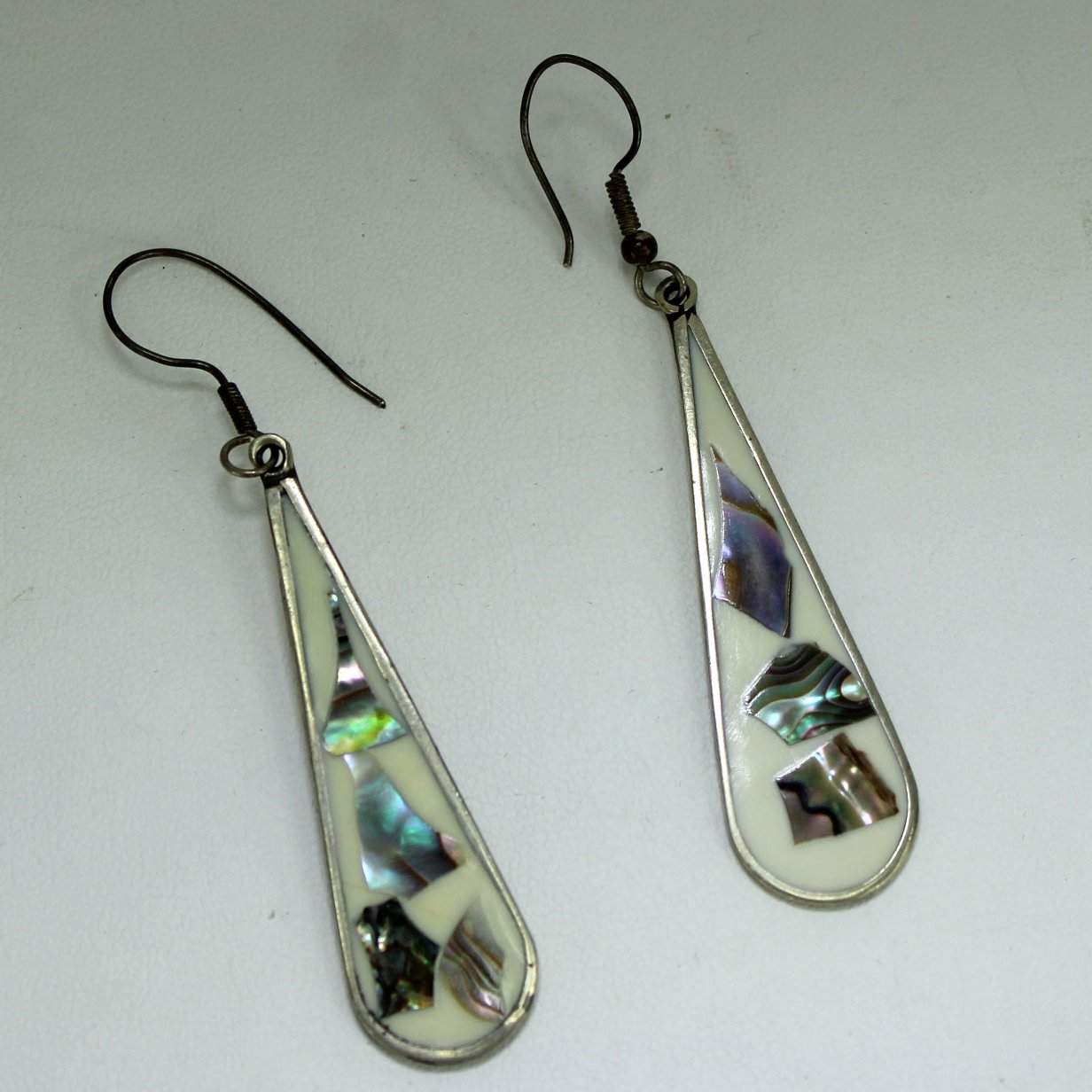 Abalone Alpaca Earrings Large Teardrops Wire Hook Vintage Mexico flat view