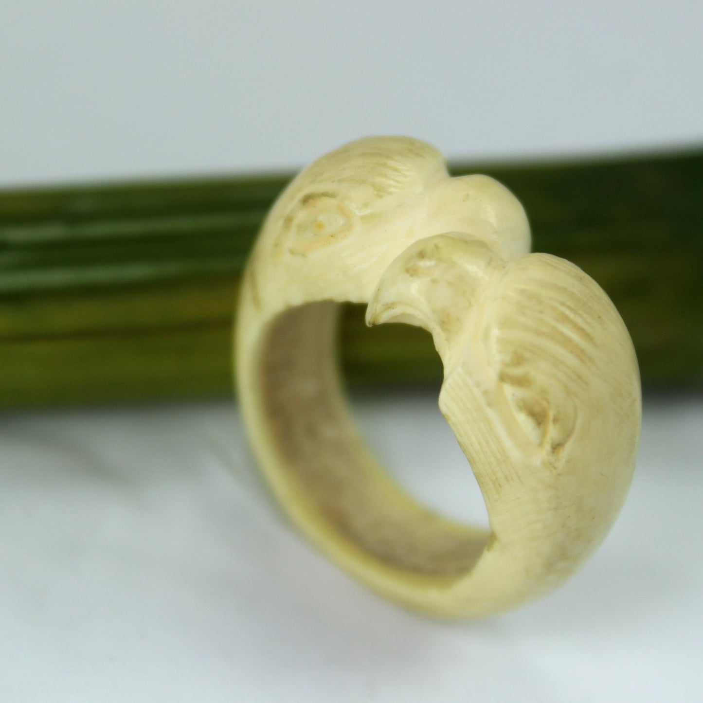 Unique Tribal Bone Ivory Ring Carved Dolphin Eagle Bird Vintage Estate closeup egle bird