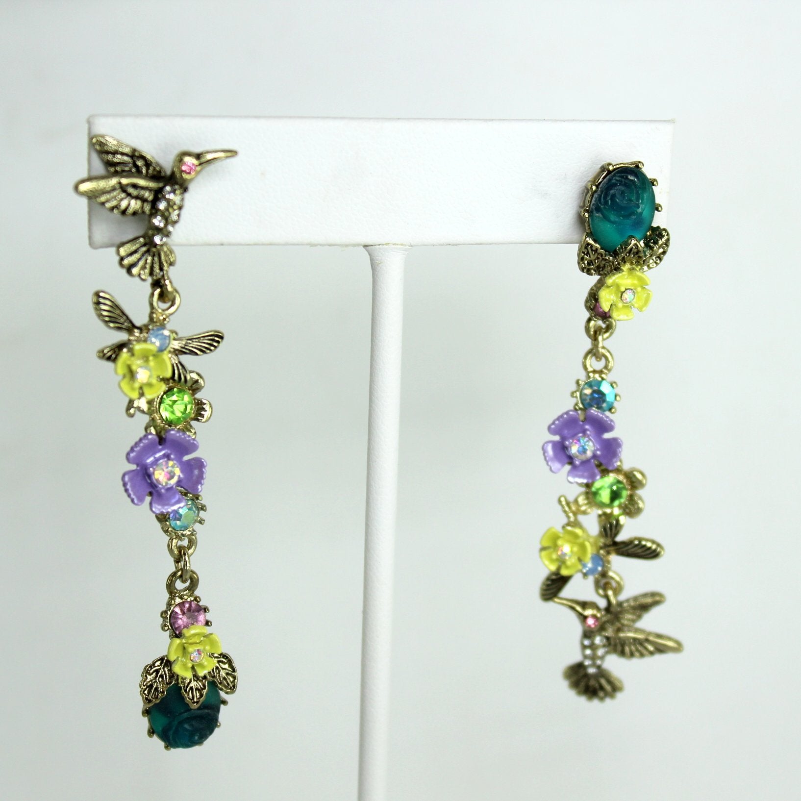 Betsey Johnson Spring Ahead Earrings Long Dangle Hummingbird Floral Retired on ear look