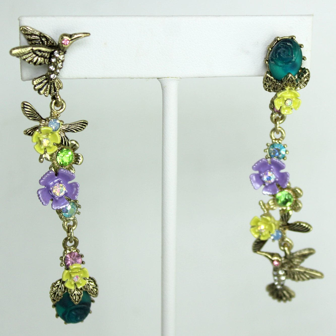 Betsey Johnson Spring Ahead Earrings Long Dangle Hummingbird Floral Retired