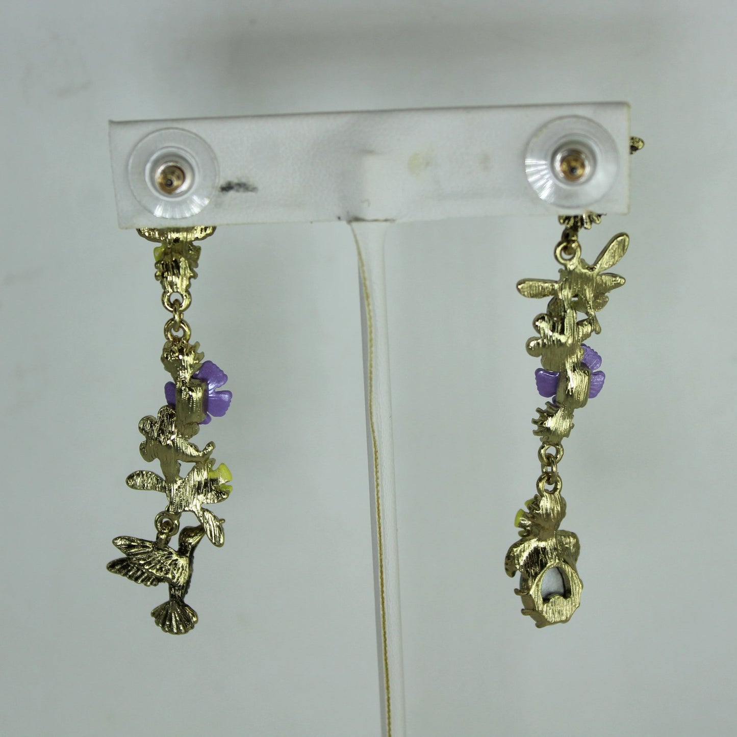 Betsey Johnson Spring Ahead Earrings Long Dangle Hummingbird Floral Retired backs