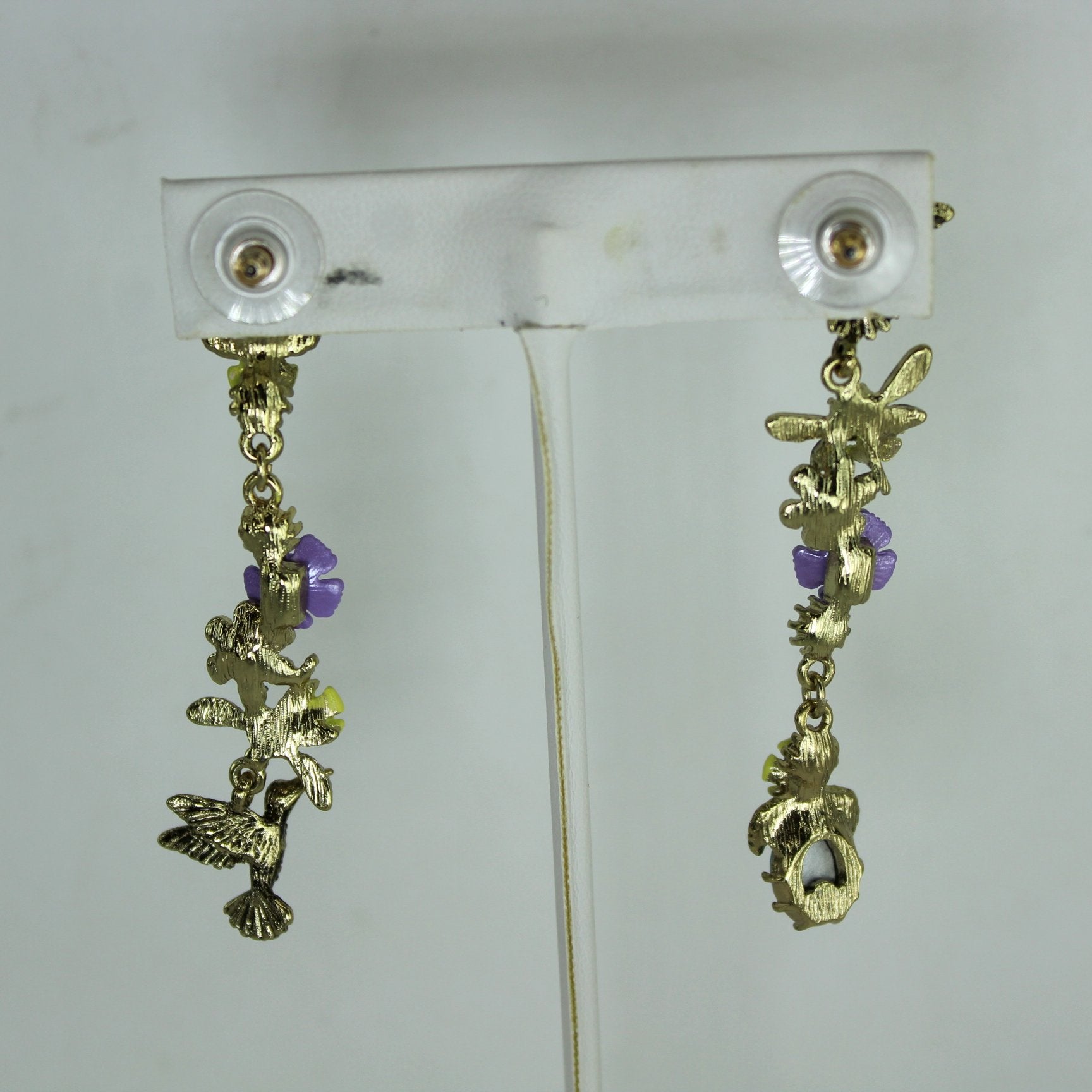 Betsey Johnson Spring Ahead Earrings Long Dangle Hummingbird Floral Retired backs