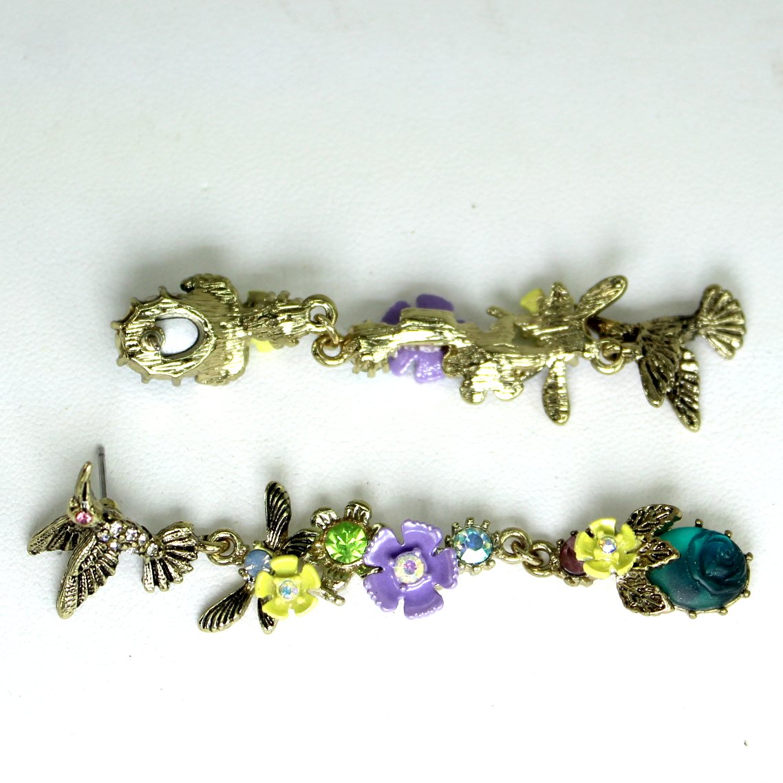 Betsey Johnson Spring Ahead Earrings Long Dangle Hummingbird Floral Retired showing reverse side