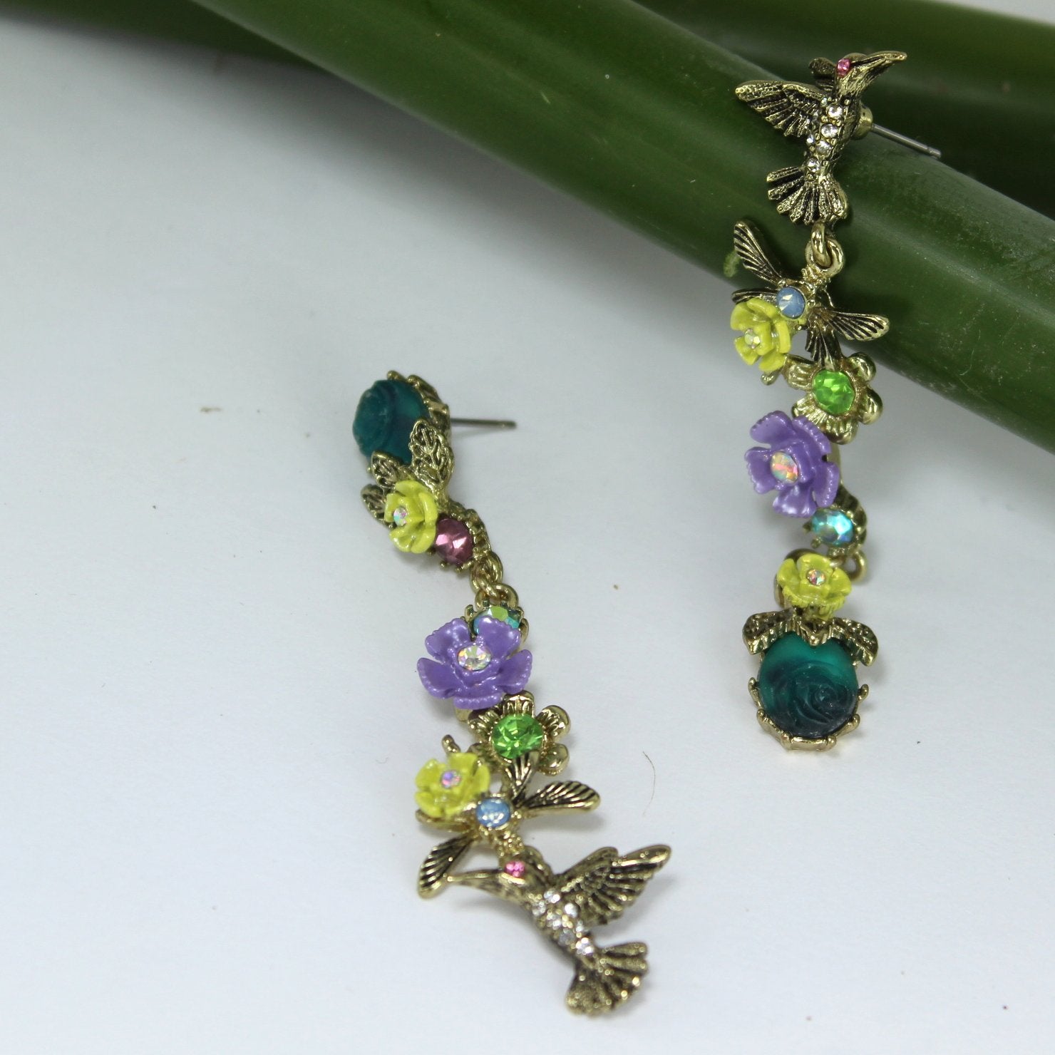 Betsey Johnson Spring Ahead Earrings Long Dangle Hummingbird Floral Retired cloeup