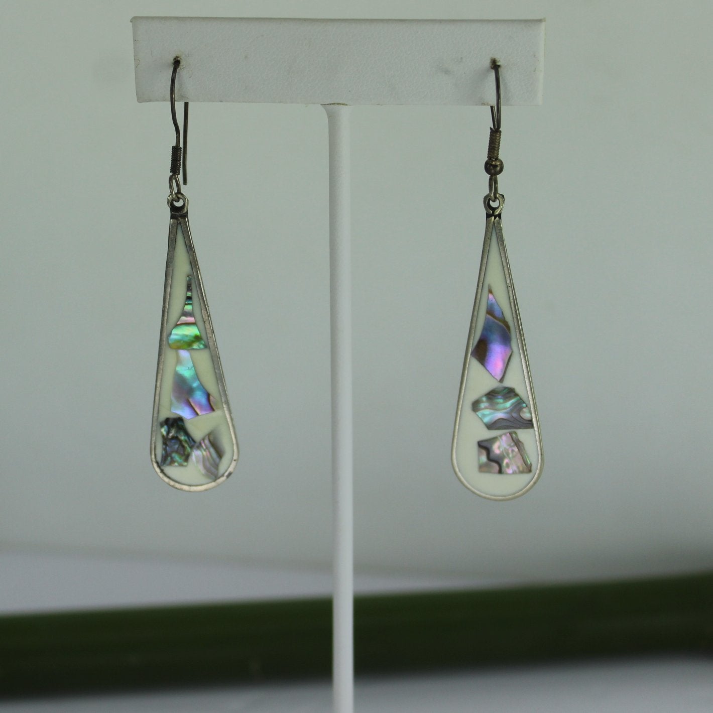 Abalone Alpaca Earrings Large Teardrops Wire Hook Vintage Mexico