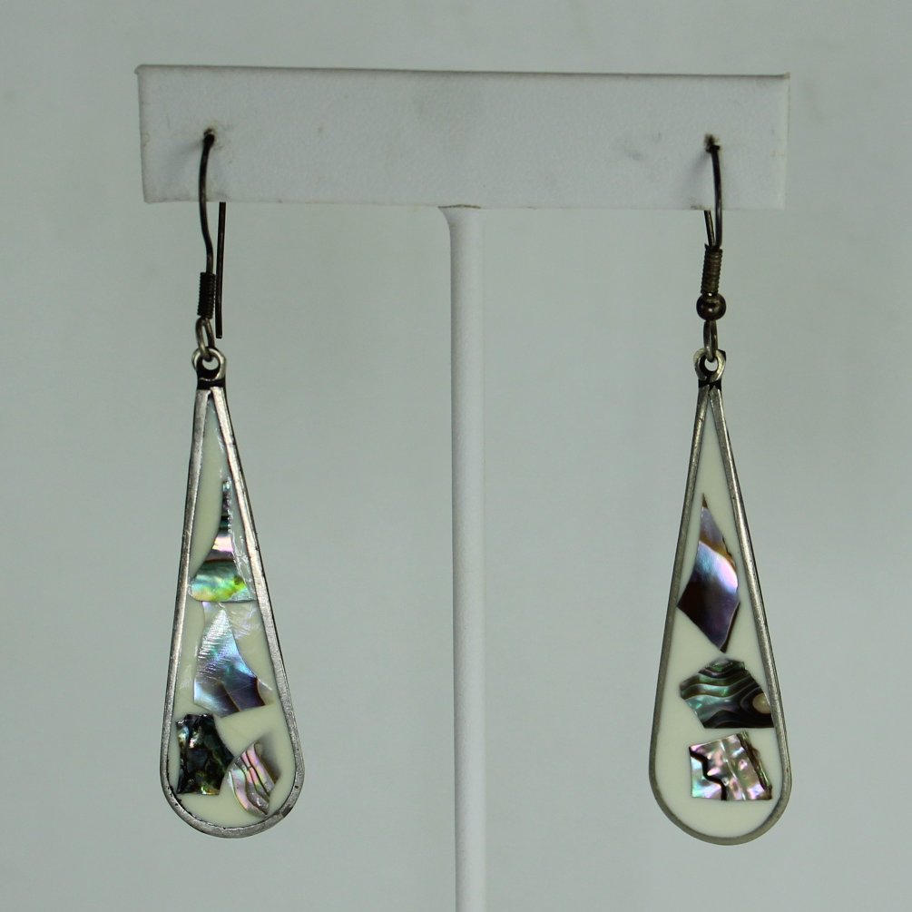 Abalone Alpaca Earrings Large Teardrops Wire Hook Vintage Mexico closeup