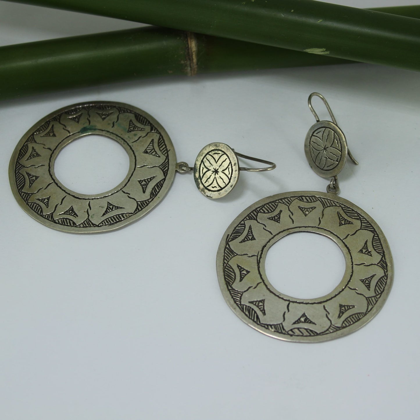 Vintage African Tribal Earrings Dangle Metal Large Etched Circles Handsome flat pix view