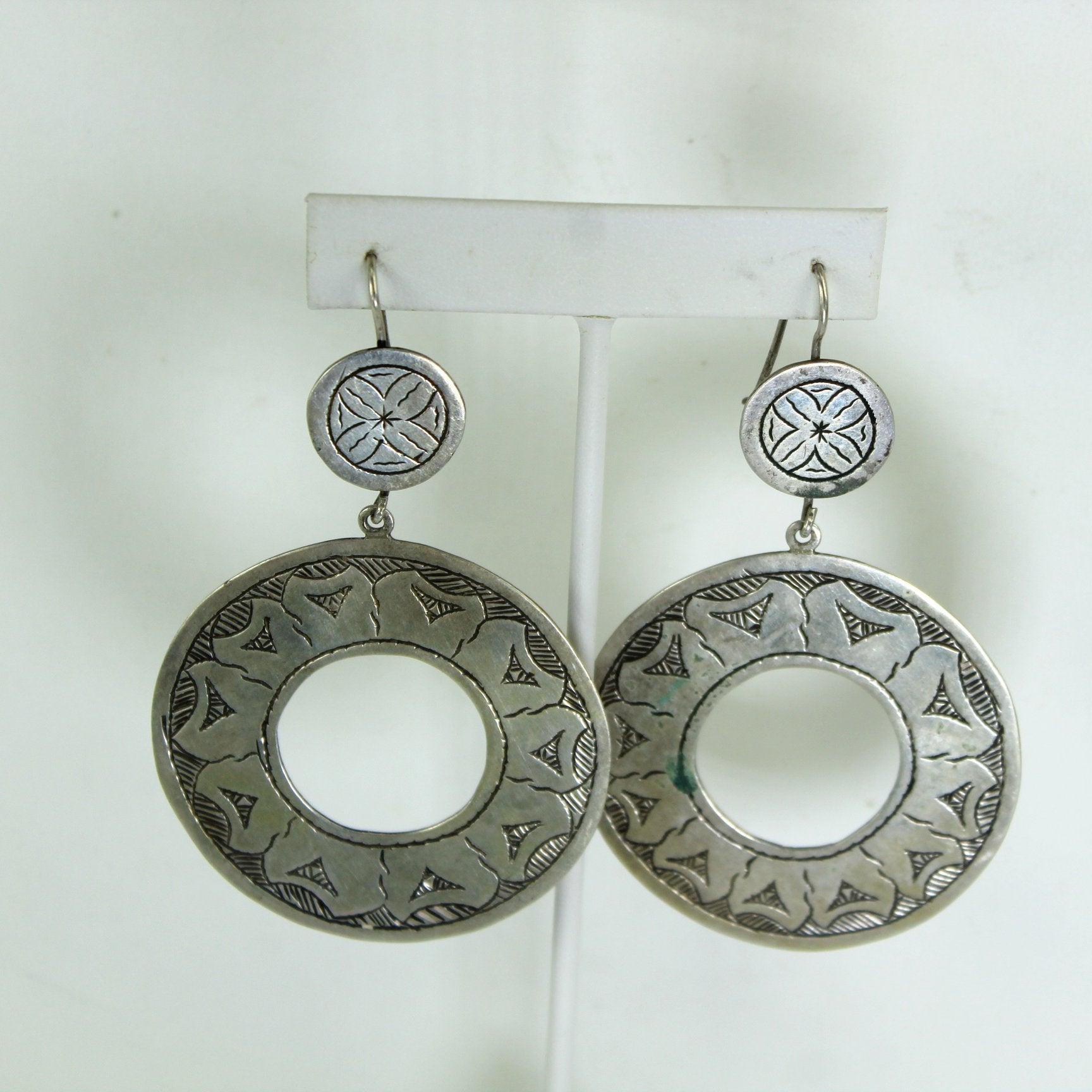 Vintage African Tribal Earrings Dangle Metal Large Etched Circles Handsome as on ear