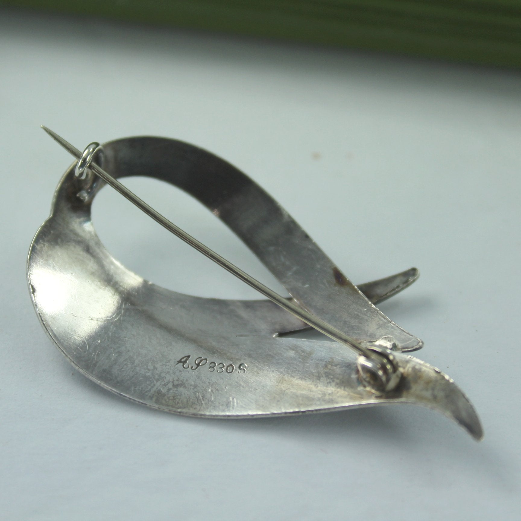 Scandinavian Modern 830S Silver Pin A.P. Signed Arne Pedersen Wave Design pin everse artisan mark C closure