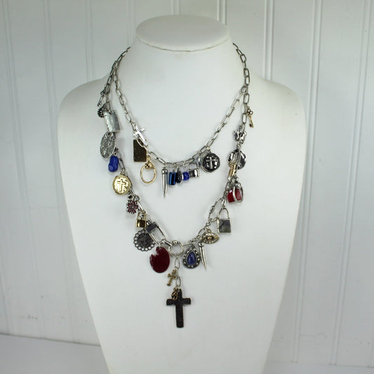 Charm Filled Double Chain Necklace Free People Tag Crosses Locks Beads 35 Items