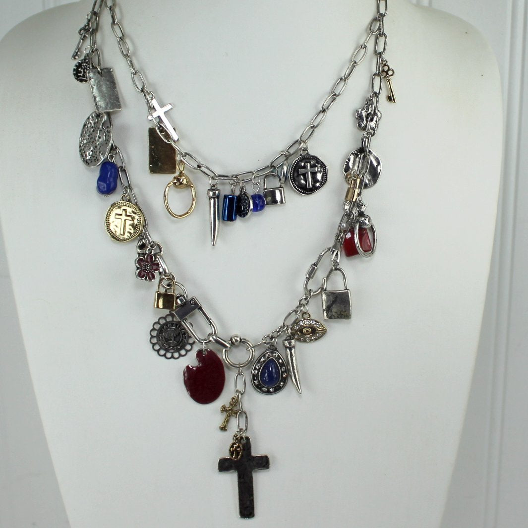 Charm Filled Double Chain Necklace Free People Tag Crosses Locks Beads 35 Items both chain views