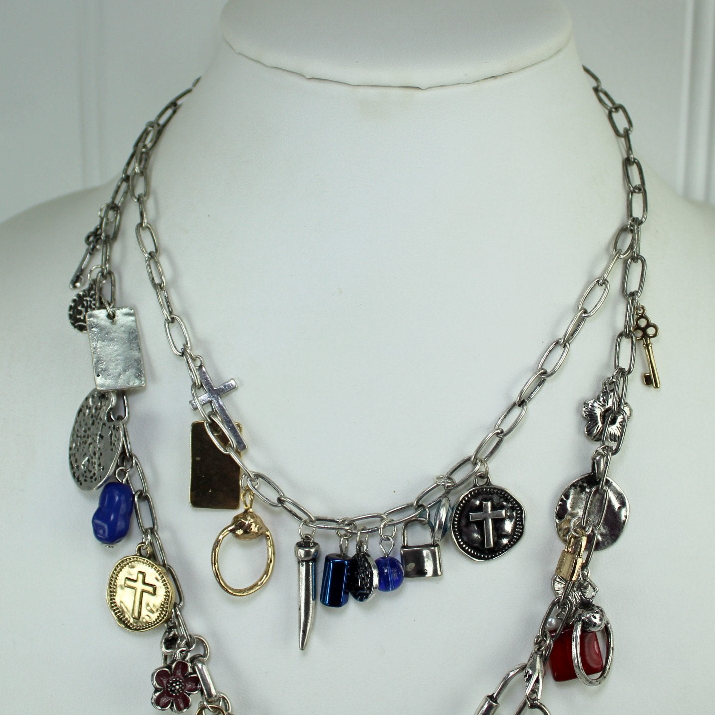 Charm Filled Double Chain Necklace Free People Tag Crosses Locks Beads 35 Items closeup