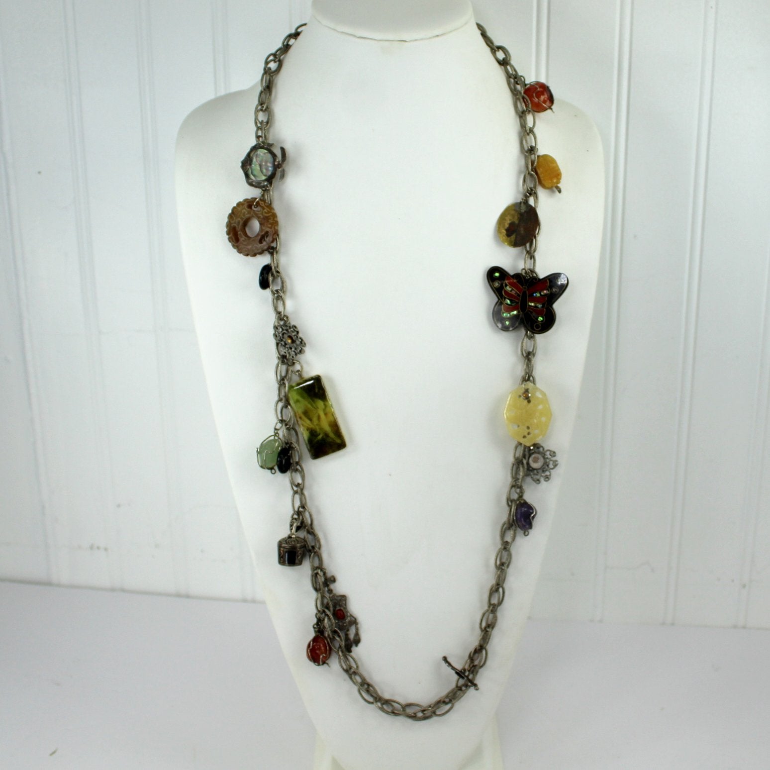 Charm Chain Necklace Vintage 925 Taxco Beads 19 Charms full view