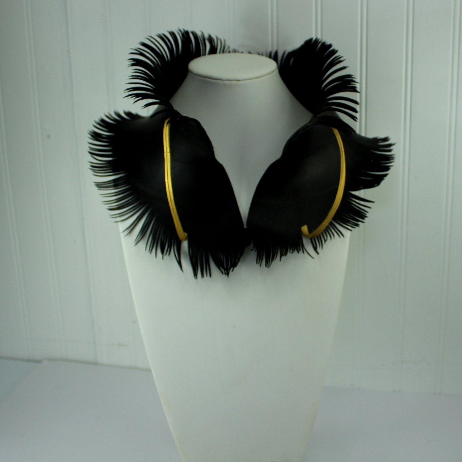 OOAK Fabulous Inner Tube Art Necklace Collar Black Gold Signed Pilar 2001 shown on white manequin