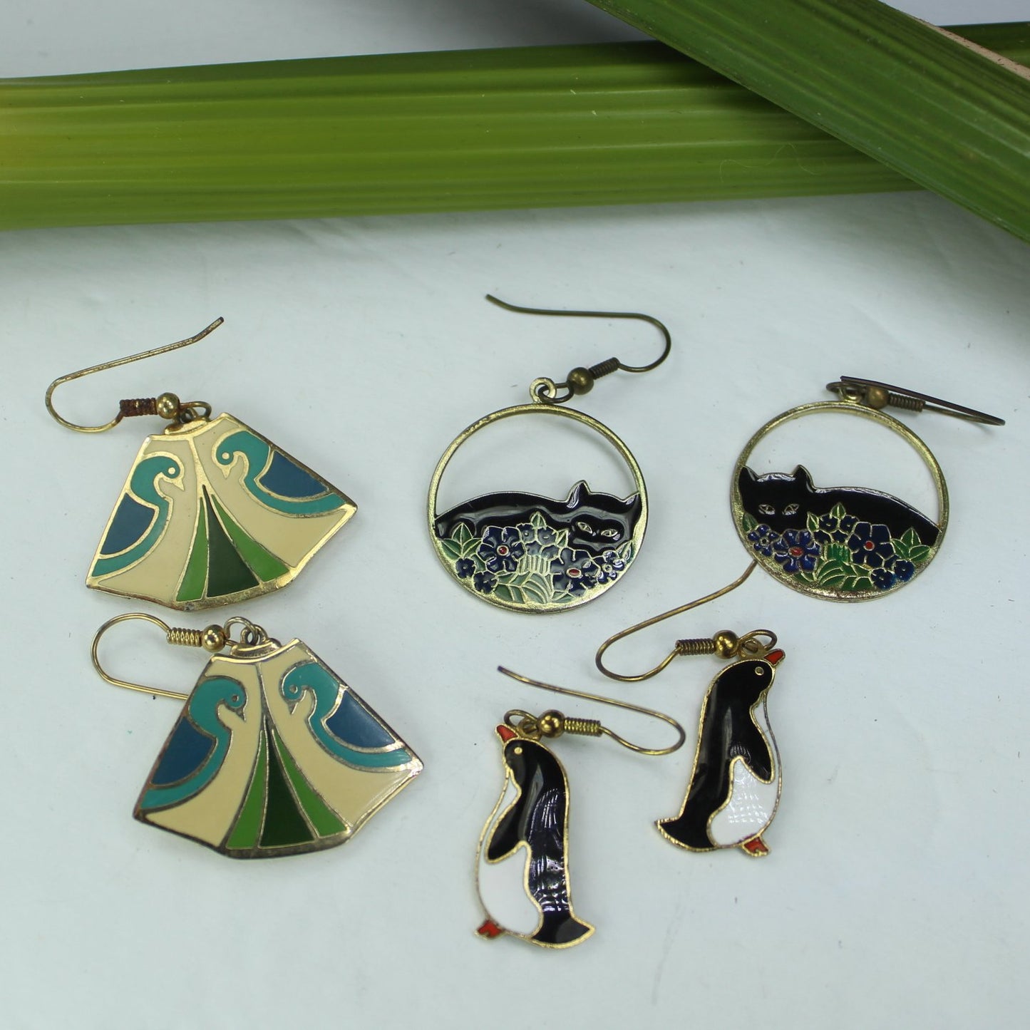 Enamel Cloisonne Earrings Articulating Fish Aqua Pearl White French Wire