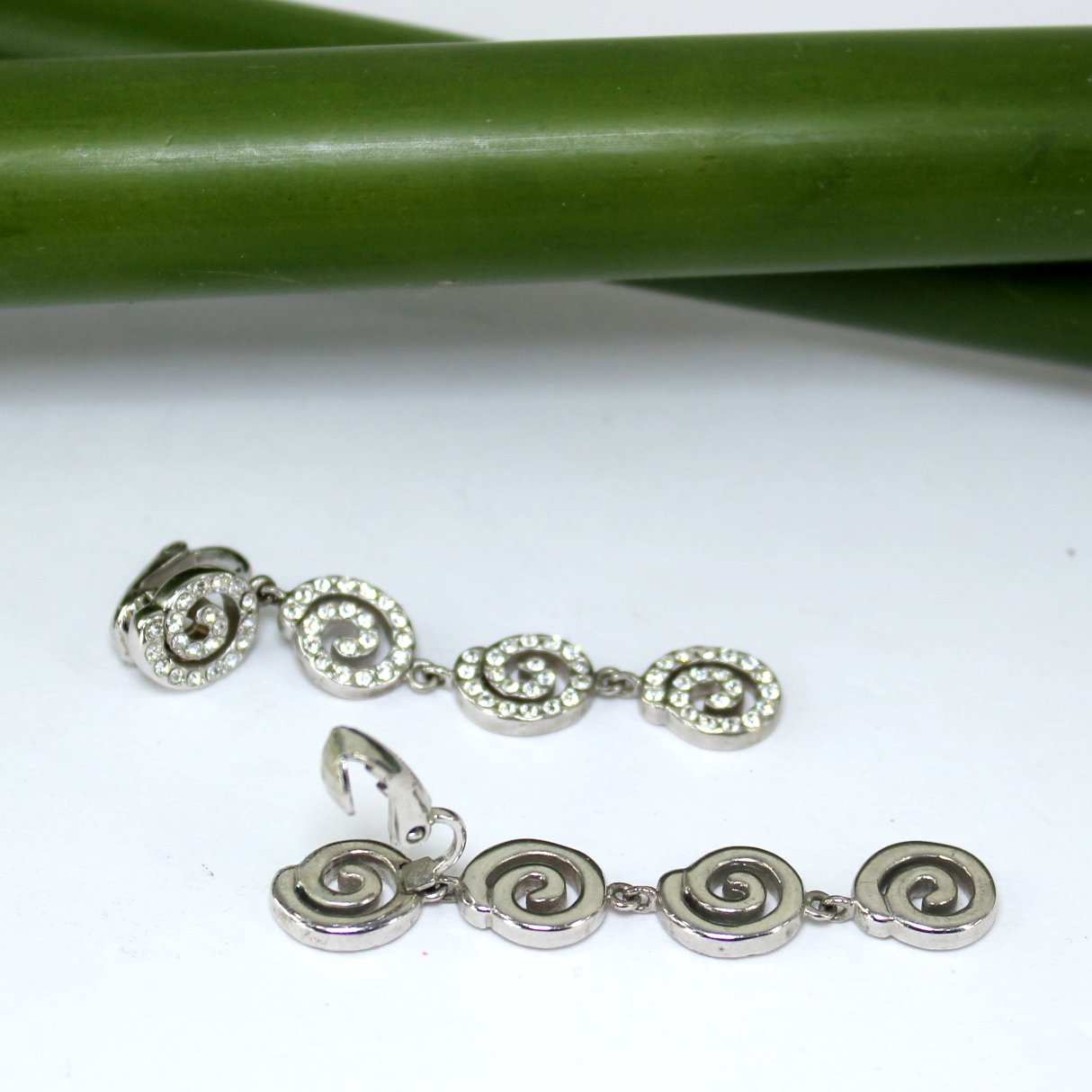 Stunning Long Pave Swirls Earrings Fiery Shine Clips both sides