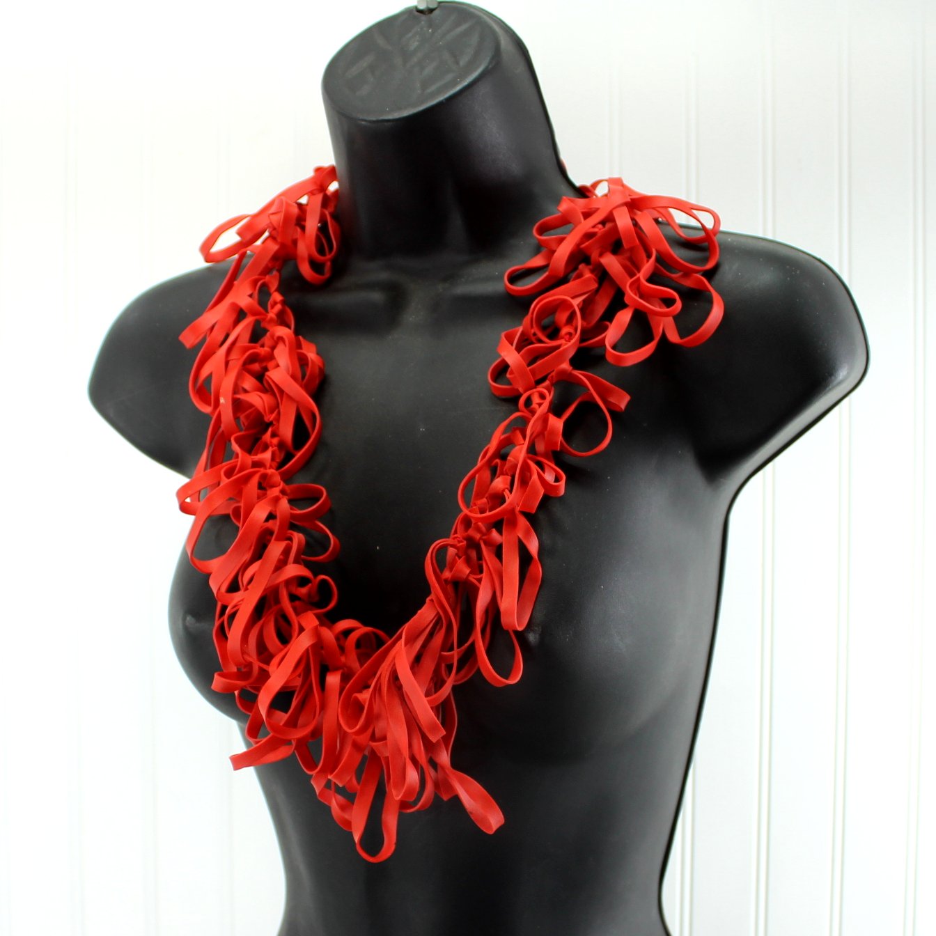 Red Lots of Rings Inner Tube Art Necklace Long Light Comfortable Fun Early 2000s angle view